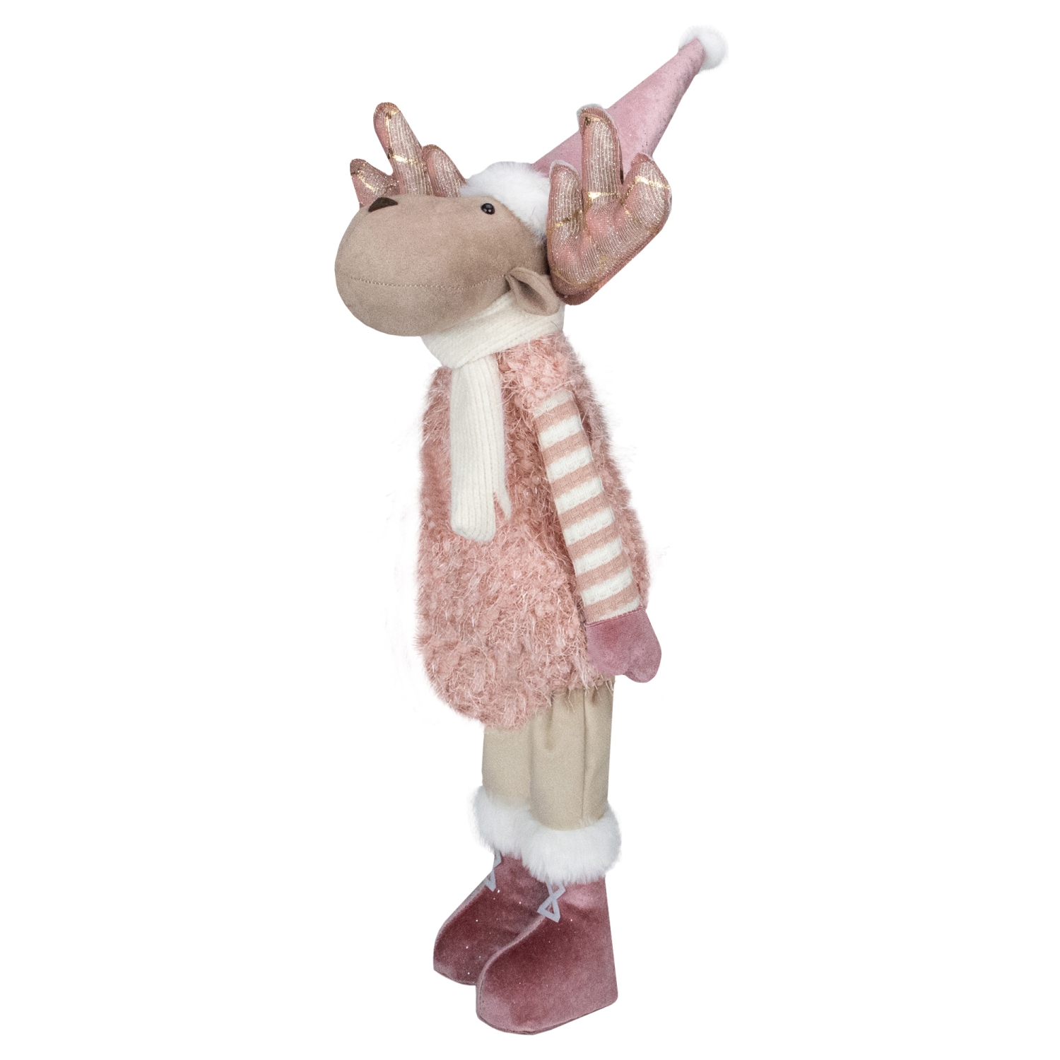 Figurine de Noël de garçon debout avec orignal, rose et beige, 26 po