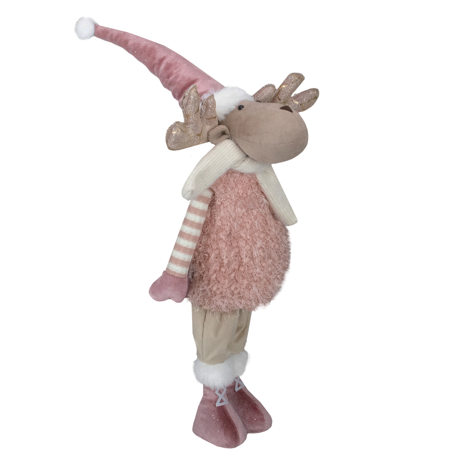 Figurine de Noël de garçon debout avec orignal, rose et beige, 26 po