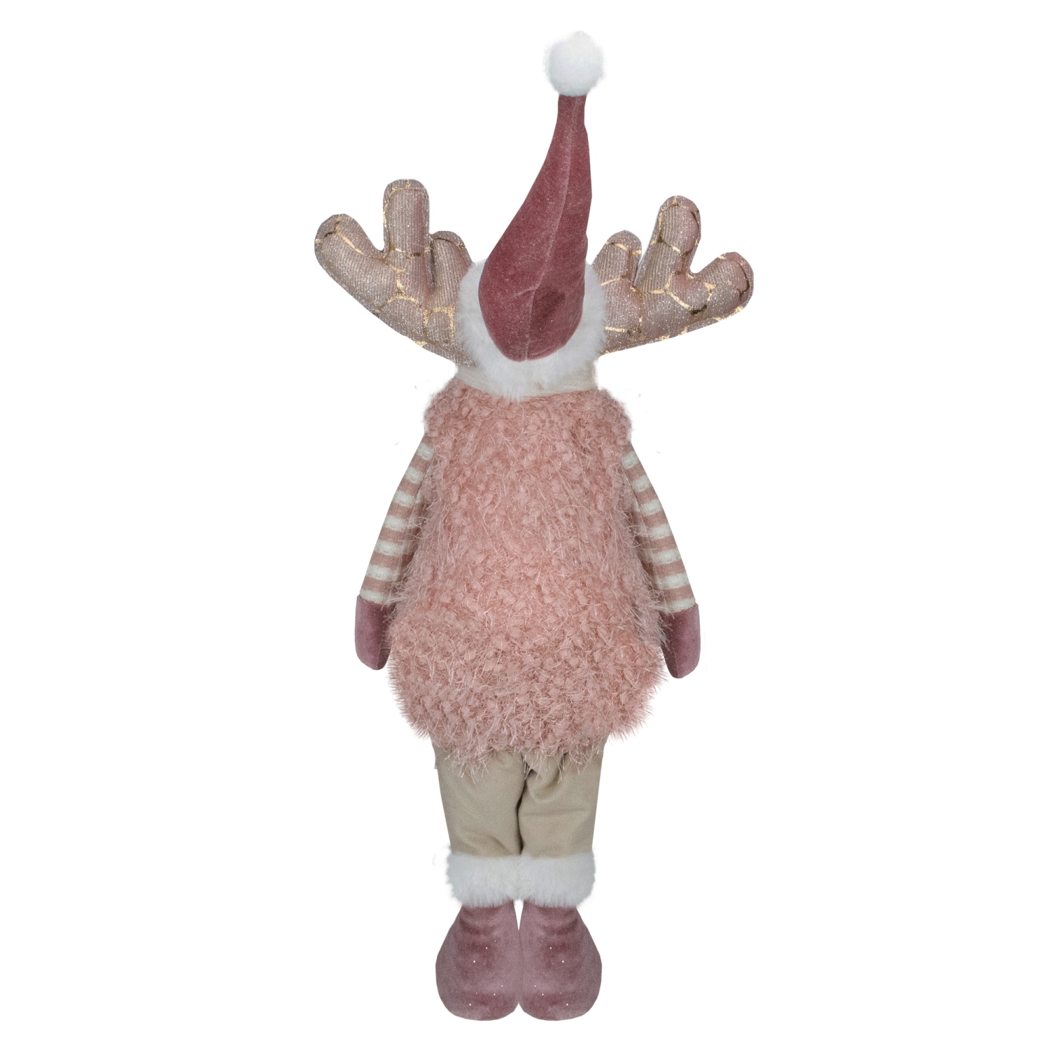 Figurine de Noël de garçon debout avec orignal, rose et beige, 26 po