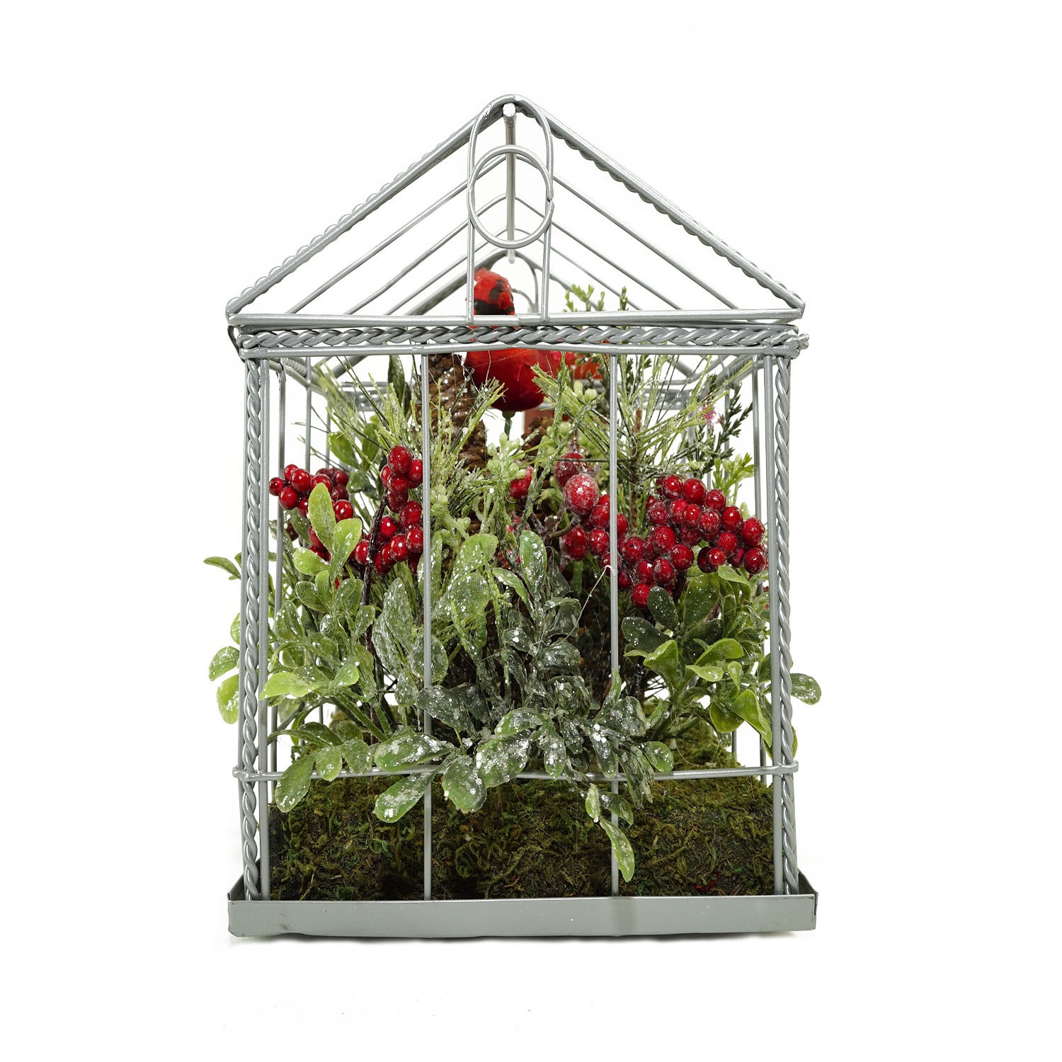 9" Red and Green Cardinal Boxwood Artificial Christmas Greenhouse Arrangement