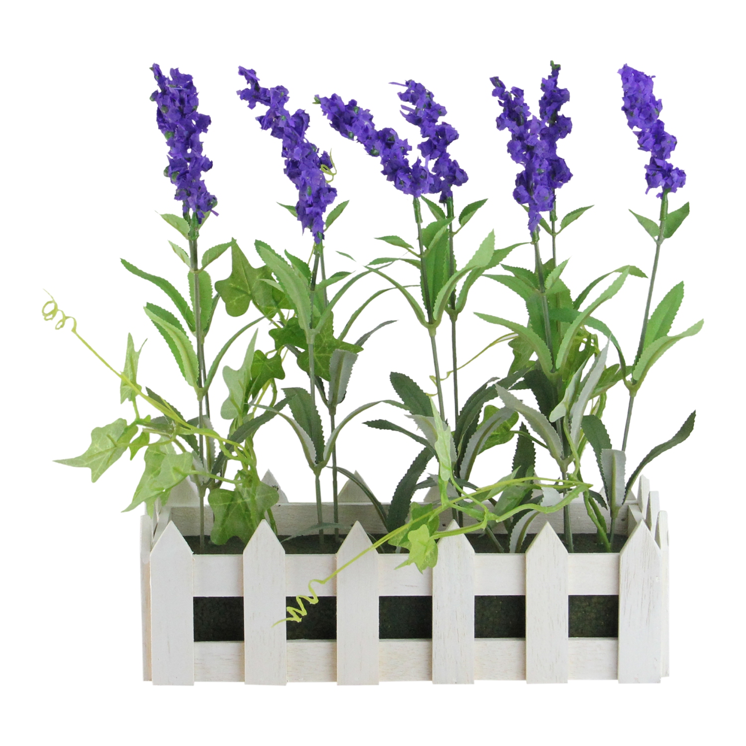 11.75" Artificial Flowering Lavender Plant in White Picket Fence Container