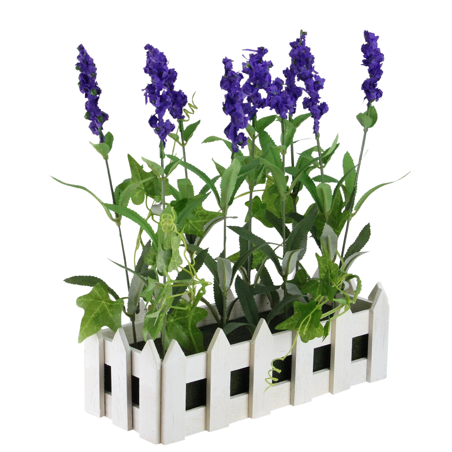 11.75" Artificial Flowering Lavender Plant in White Picket Fence Container