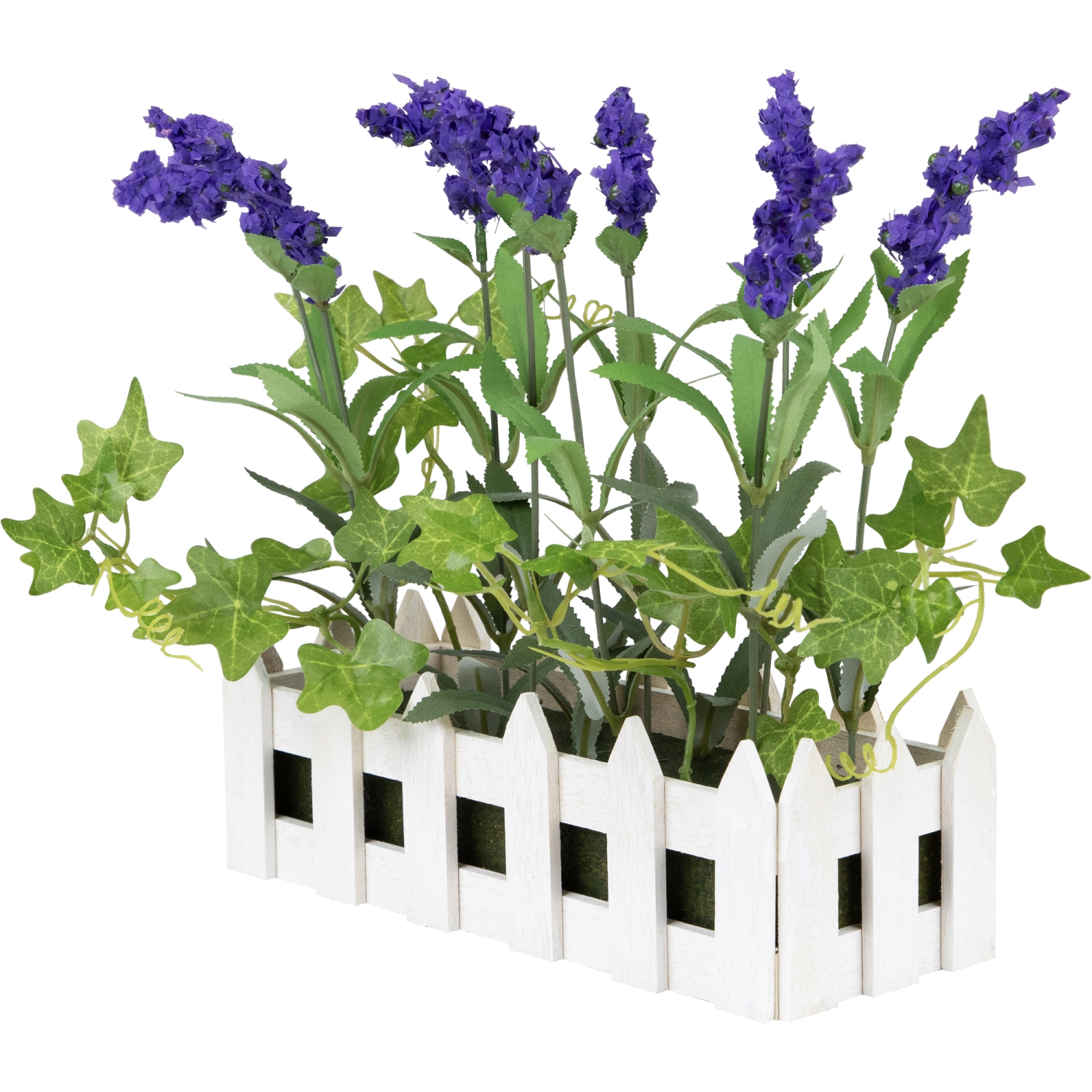 11.75" Artificial Flowering Lavender Plant in White Picket Fence Container