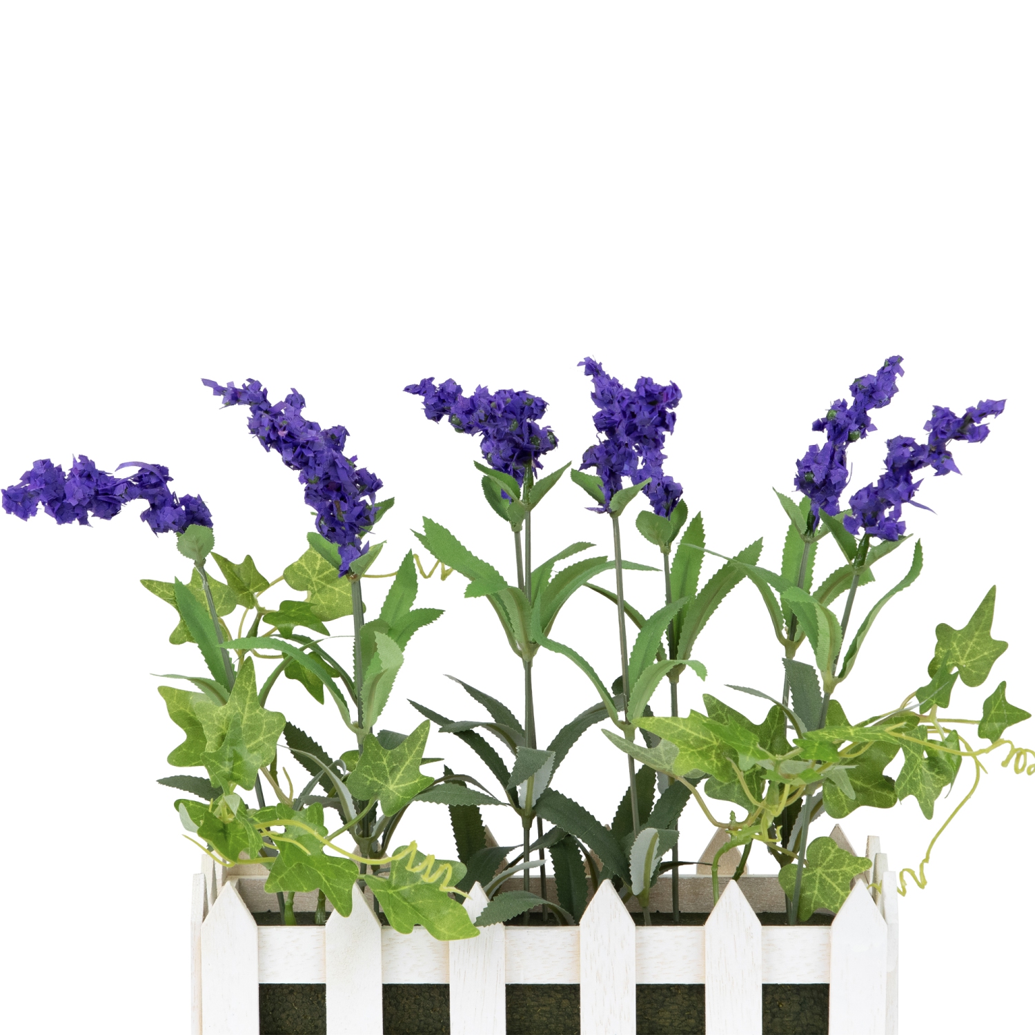 11.75" Artificial Flowering Lavender Plant in White Picket Fence Container
