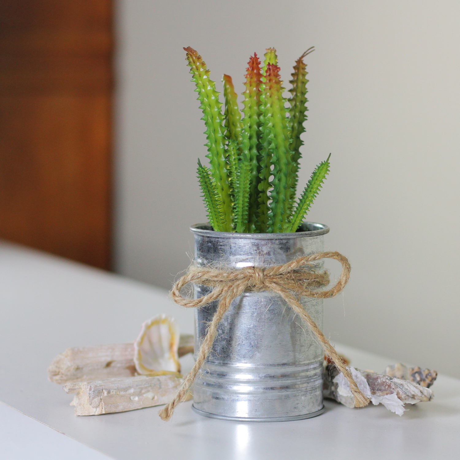 7" Green Mini Artificial Spiky Greenery in Tin Planter with Twine Bow