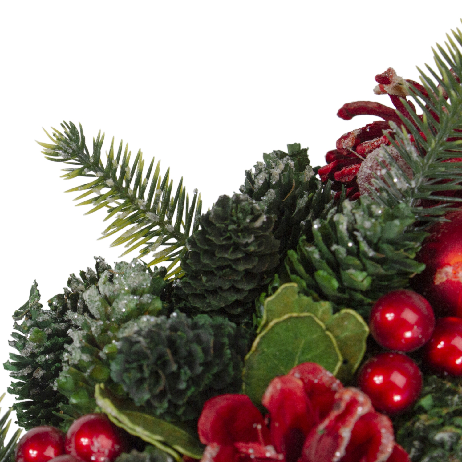 13" Red and Green Pine Cones and Ornaments Christmas Wreath