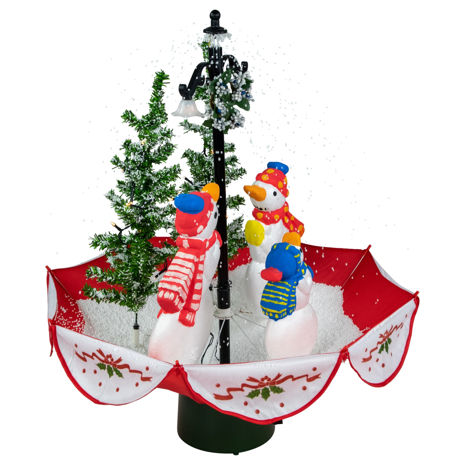 31" Musical Lighted Snowing Snowman Family in Umbrella Base Christmas Decoration