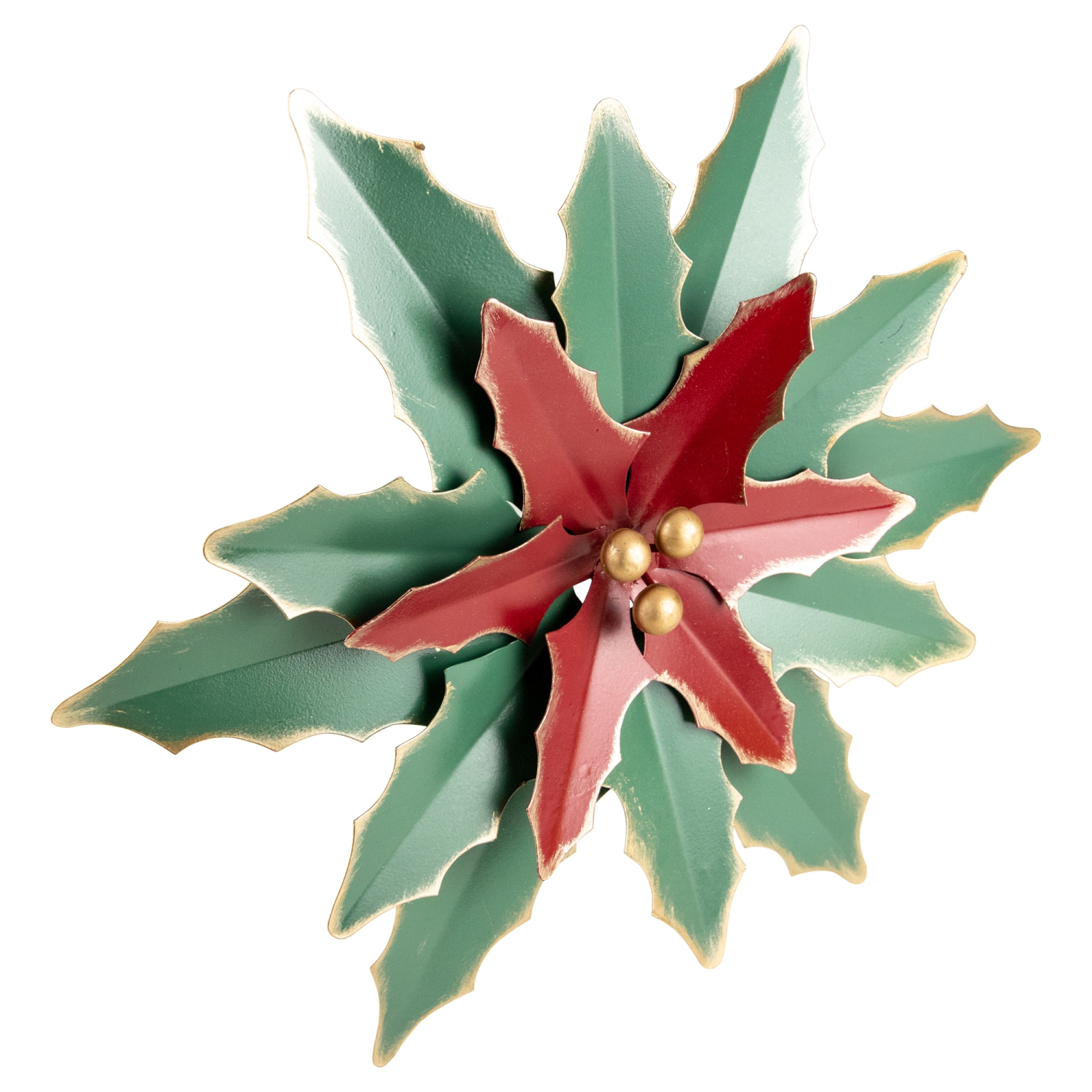 14" Small Green and Red Metal Poinsettia Christmas Wall Hanging
