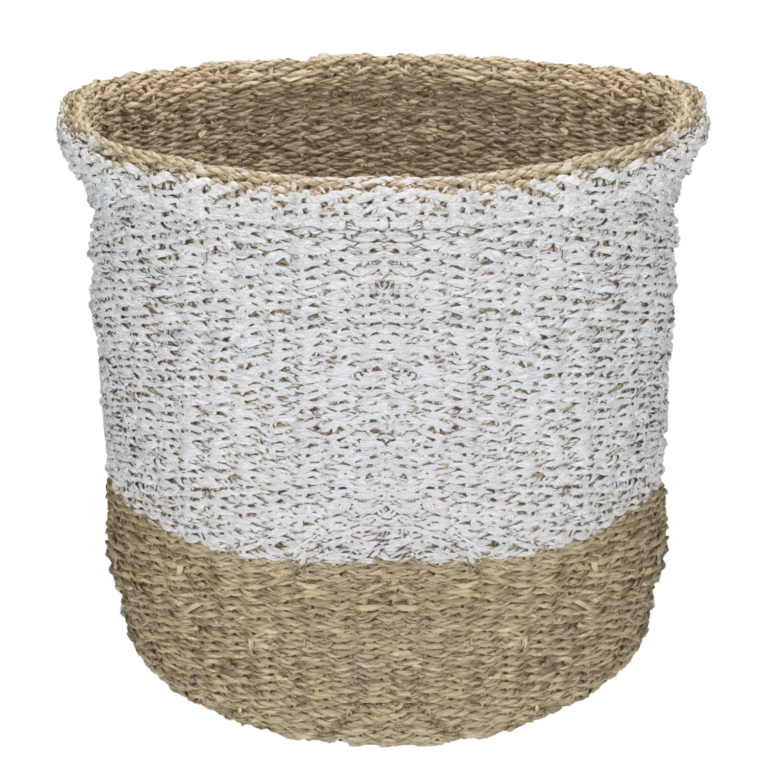 Set of 3 Beige and White Round Wicker Table and Floor Baskets
