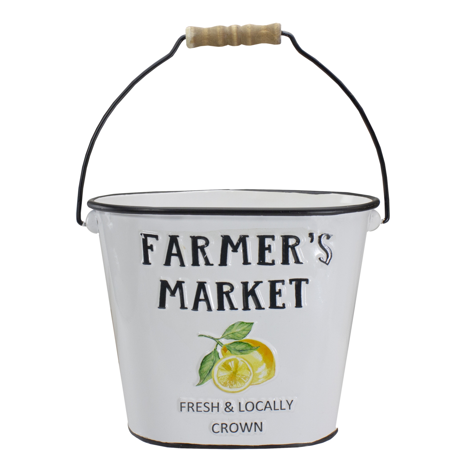 10.5" White and Black "Farmer's Market" Lemon's Metal Bucket with Handle