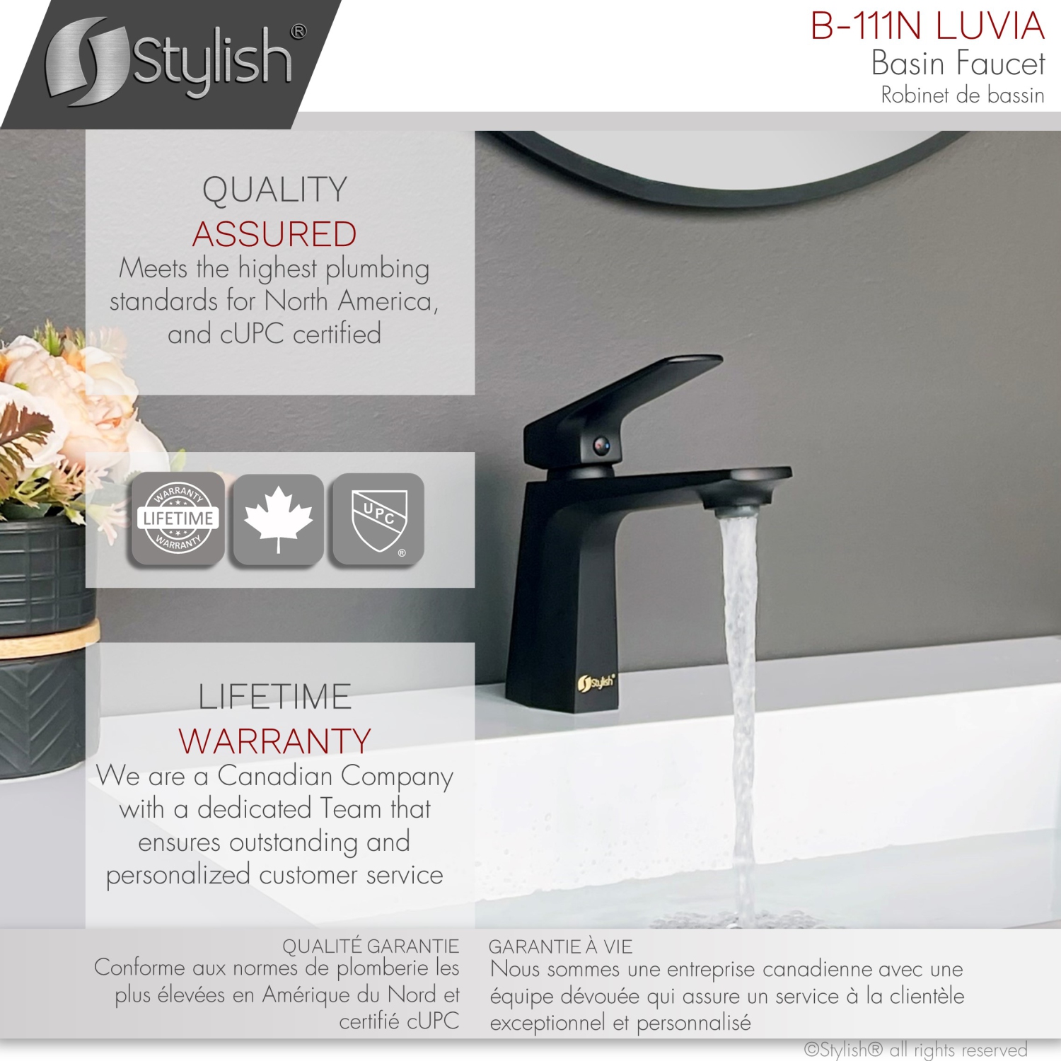 STYLISH Single Handle Modern Bathroom Faucet Basin Sink Faucet, Matte Black Finish B-111N