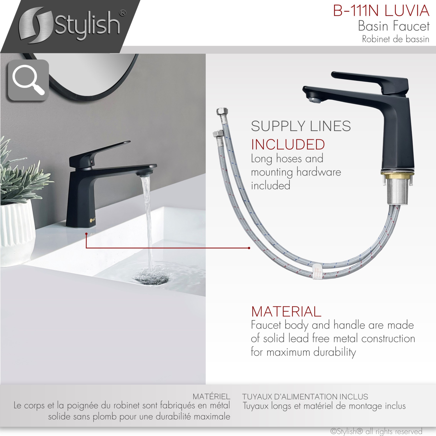 STYLISH Single Handle Modern Bathroom Faucet Basin Sink Faucet, Matte Black Finish B-111N
