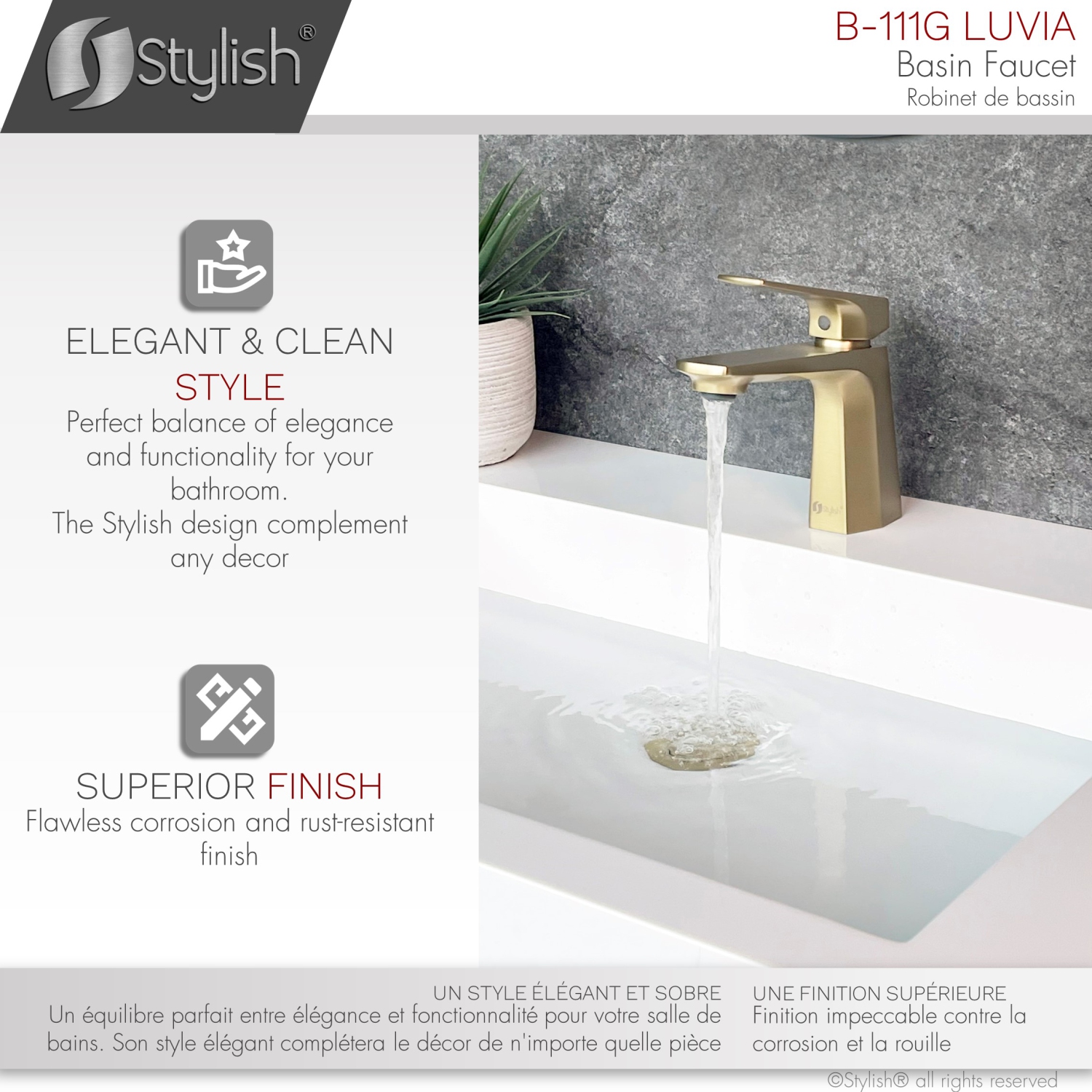 STYLISH Single Handle Modern Bathroom Faucet Basin Sink Faucet, Brushed Gold Finish B-111G