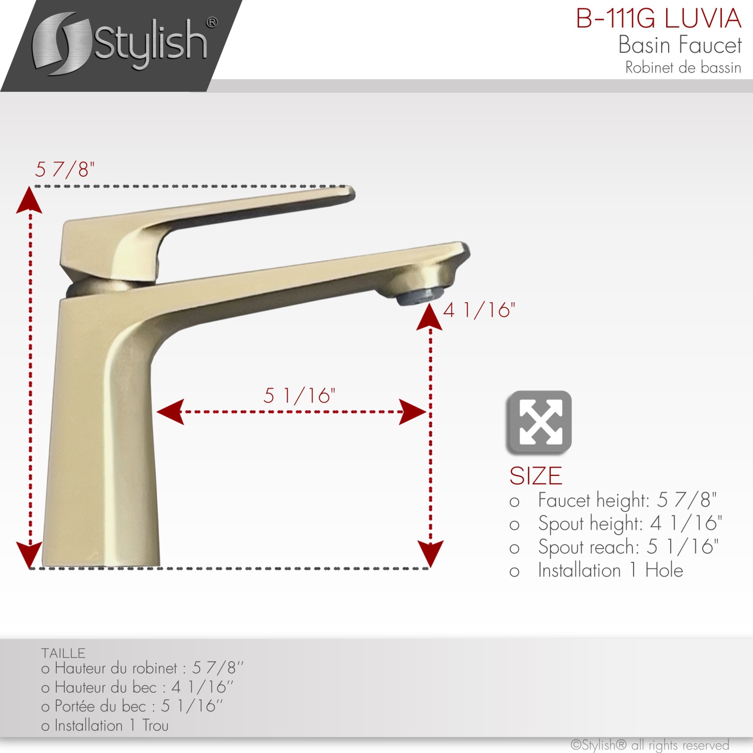 STYLISH Single Handle Modern Bathroom Faucet Basin Sink Faucet, Brushed Gold Finish B-111G