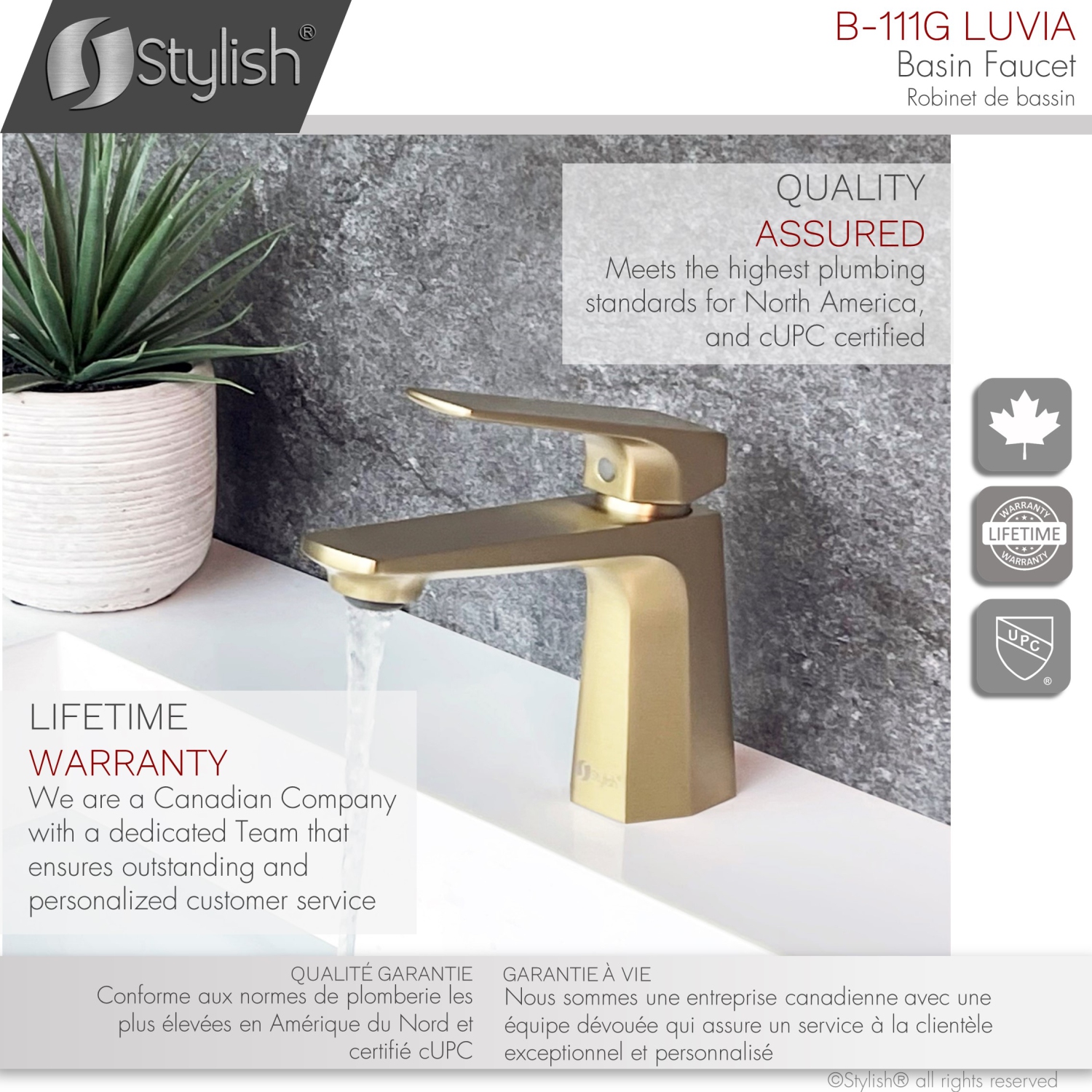 STYLISH Single Handle Modern Bathroom Faucet Basin Sink Faucet, Brushed Gold Finish B-111G