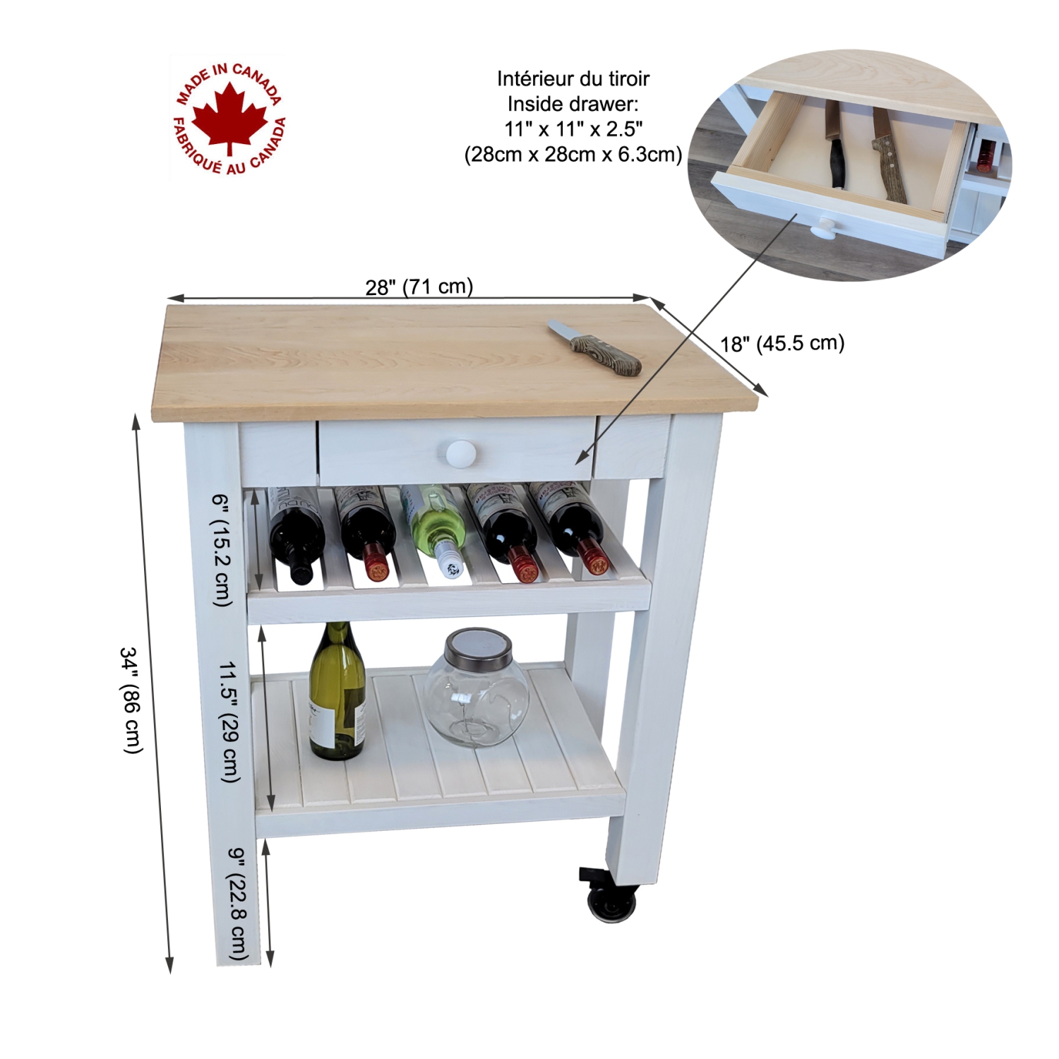 SB Mobile Kitchen Island on Wheels 28" x 18" x 34" with Drawer White - Made in Canada