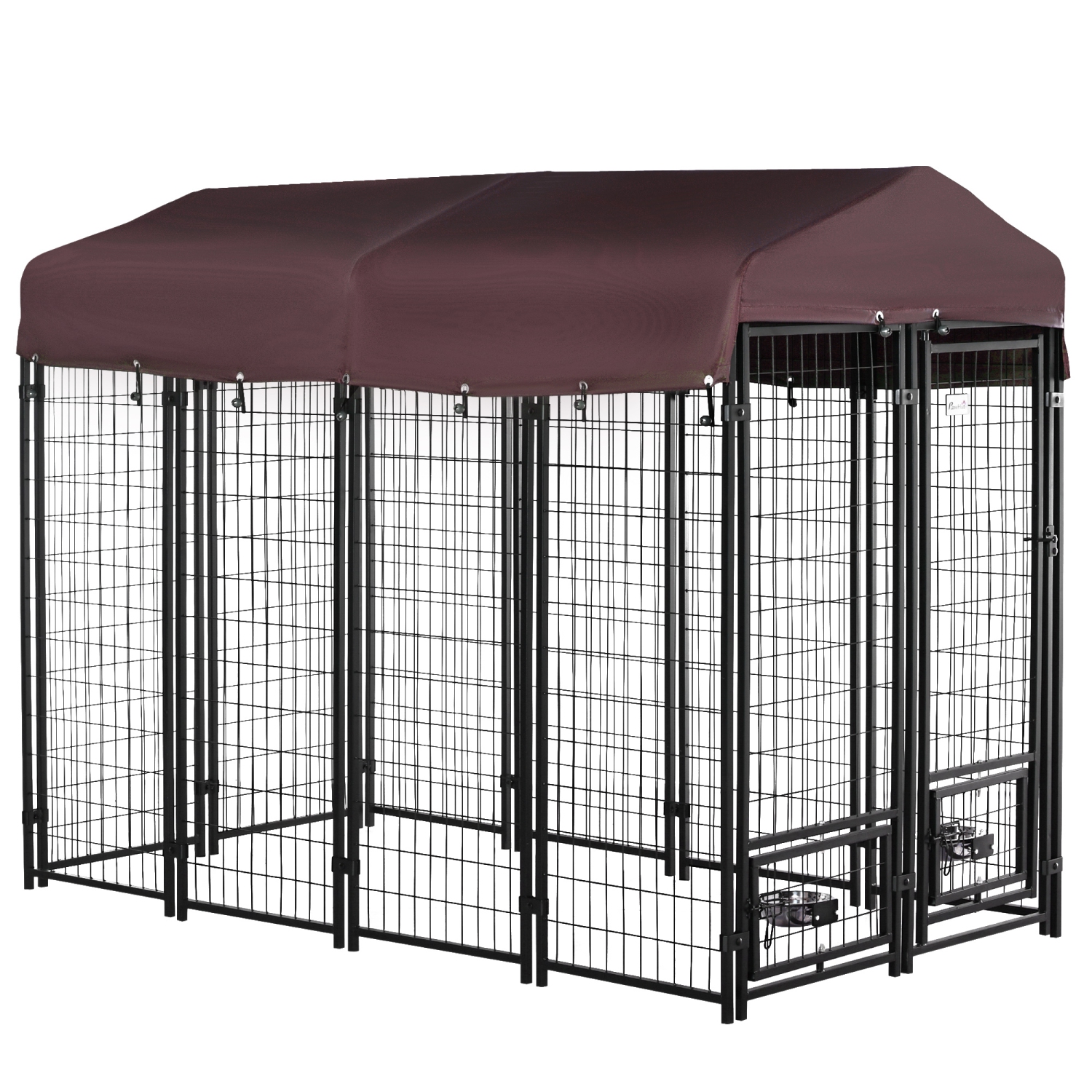 PawHut Outdoor Dog Kennel, Lockable Pet Playpen Crate, Welded Wire Steel Fence, with Water-, UV-Resistant Canopy, Rotating Bowl Holders, Door, 8ft x 4ft x 6ft, Red