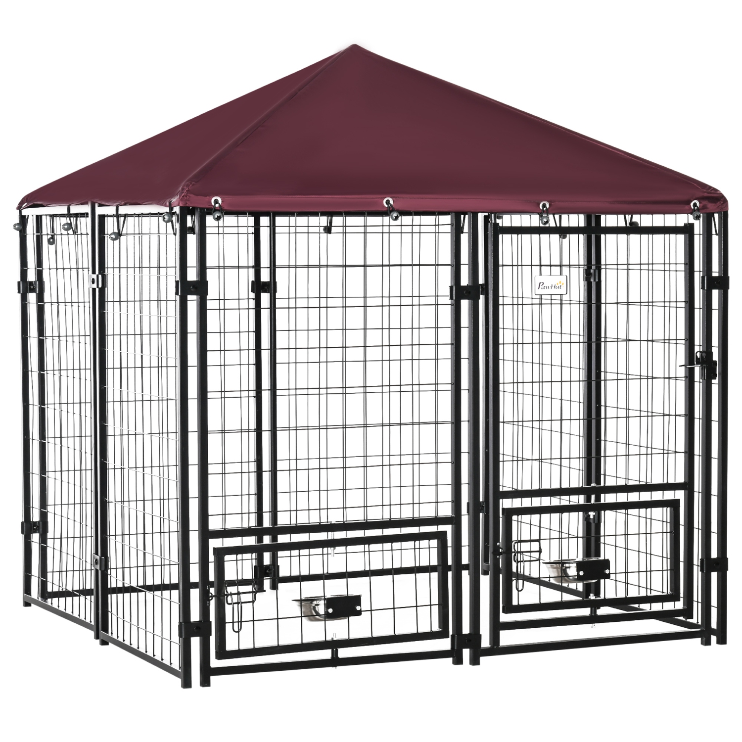 PawHut Outdoor Dog Kennel, Welded Wire Steel Fence, Lockable Pet Playpen Crate, with Water-, UV-Resistant Canopy Top, Door, Rotating Bowl Holders, 4.6ft x 4.6ft x 5ft