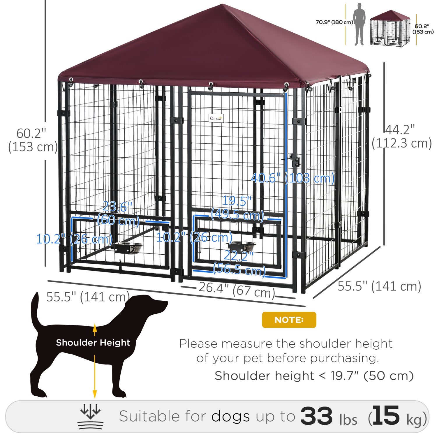 PawHut Outdoor Dog Kennel, Run, Large Wire Steel Fence, Lockable Pet Playpen Enclosure, with Water-, UV-Resistant Canopy Top, Door, Rotating Bowl