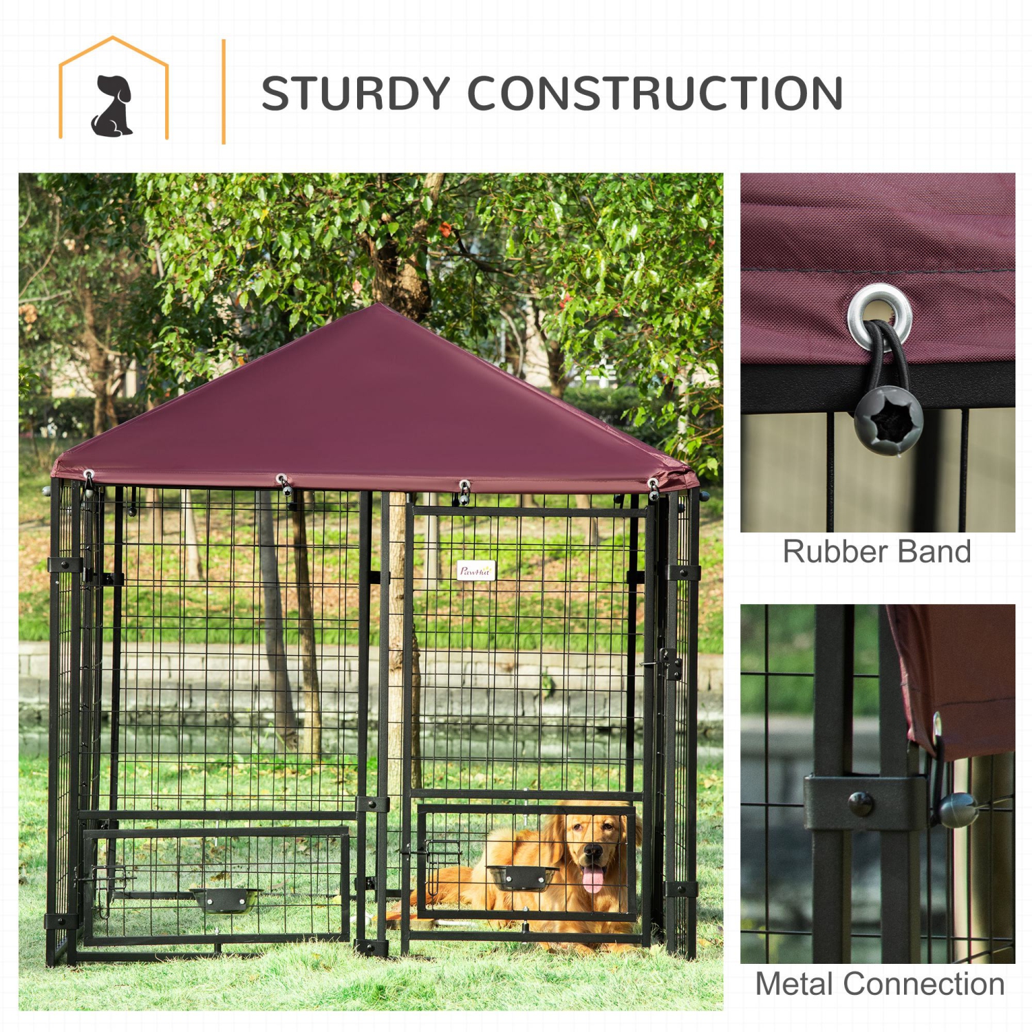 PawHut Outdoor Dog Kennel, Run, Large Wire Steel Fence, Lockable Pet Playpen Enclosure, with Water-, UV-Resistant Canopy Top, Door, Rotating Bowl