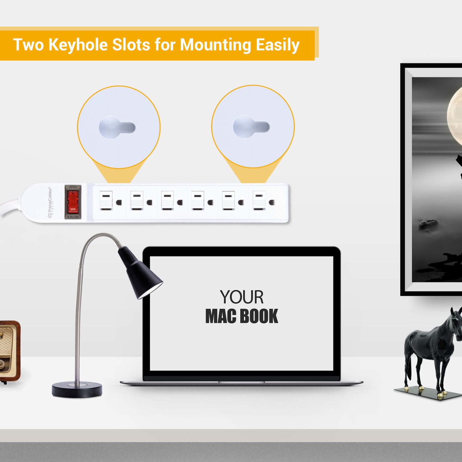 6-Outlet Power Strip with Safe Lock, 3Ft 14AWG Cord, ETL Certificated 125V 1875W 14AWG Cord- PrimeCables®