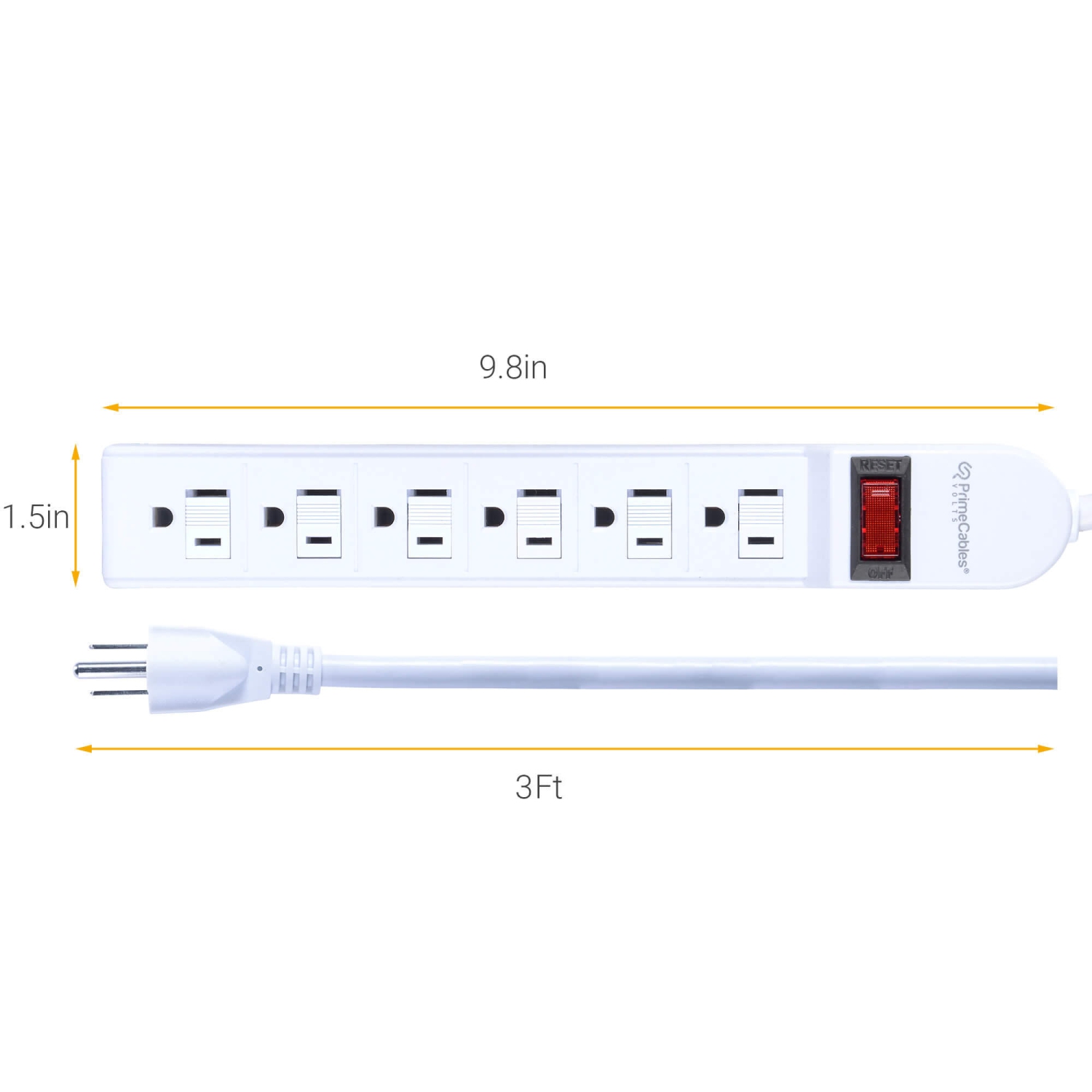 6-Outlet Power Strip with Safe Lock, 3Ft 14AWG Cord, ETL Certificated 125V 1875W 14AWG Cord- PrimeCables®