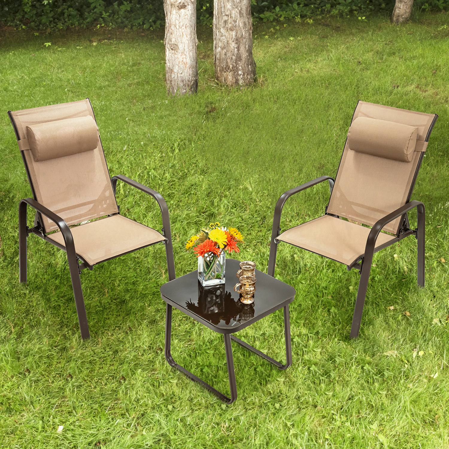 Costway 3PCS Patio Bistro Furniture Set Adjustable Back Stackable Chairs