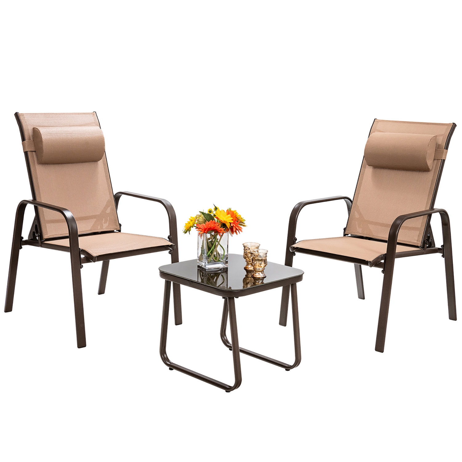 Costway 3PCS Patio Bistro Furniture Set Adjustable Back Stackable Chairs