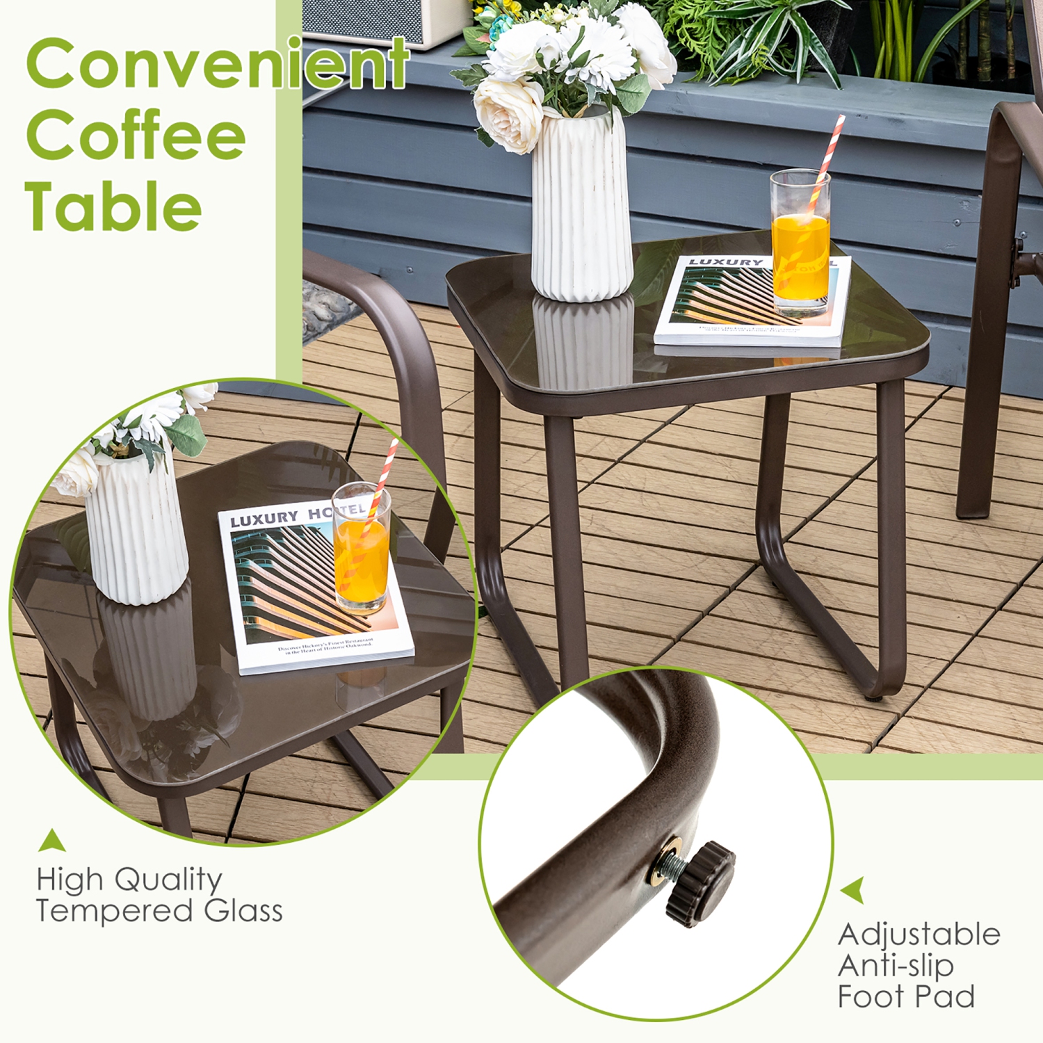 Costway 3PCS Patio Bistro Furniture Set Adjustable Back Stackable Chairs