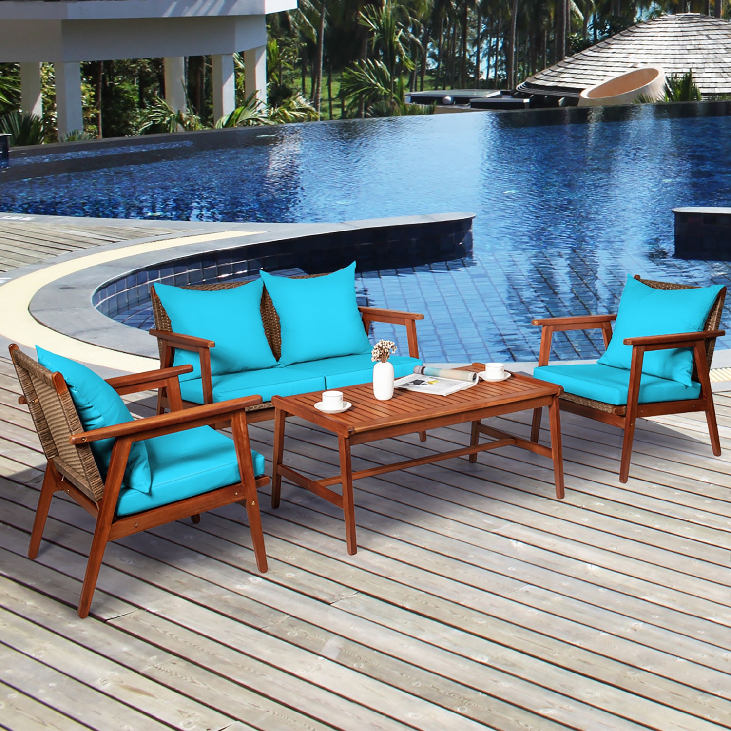 Costway 4PCS Patio Rattan Furniture Set Acacia Wood Frame Cushioned Sofa Chair