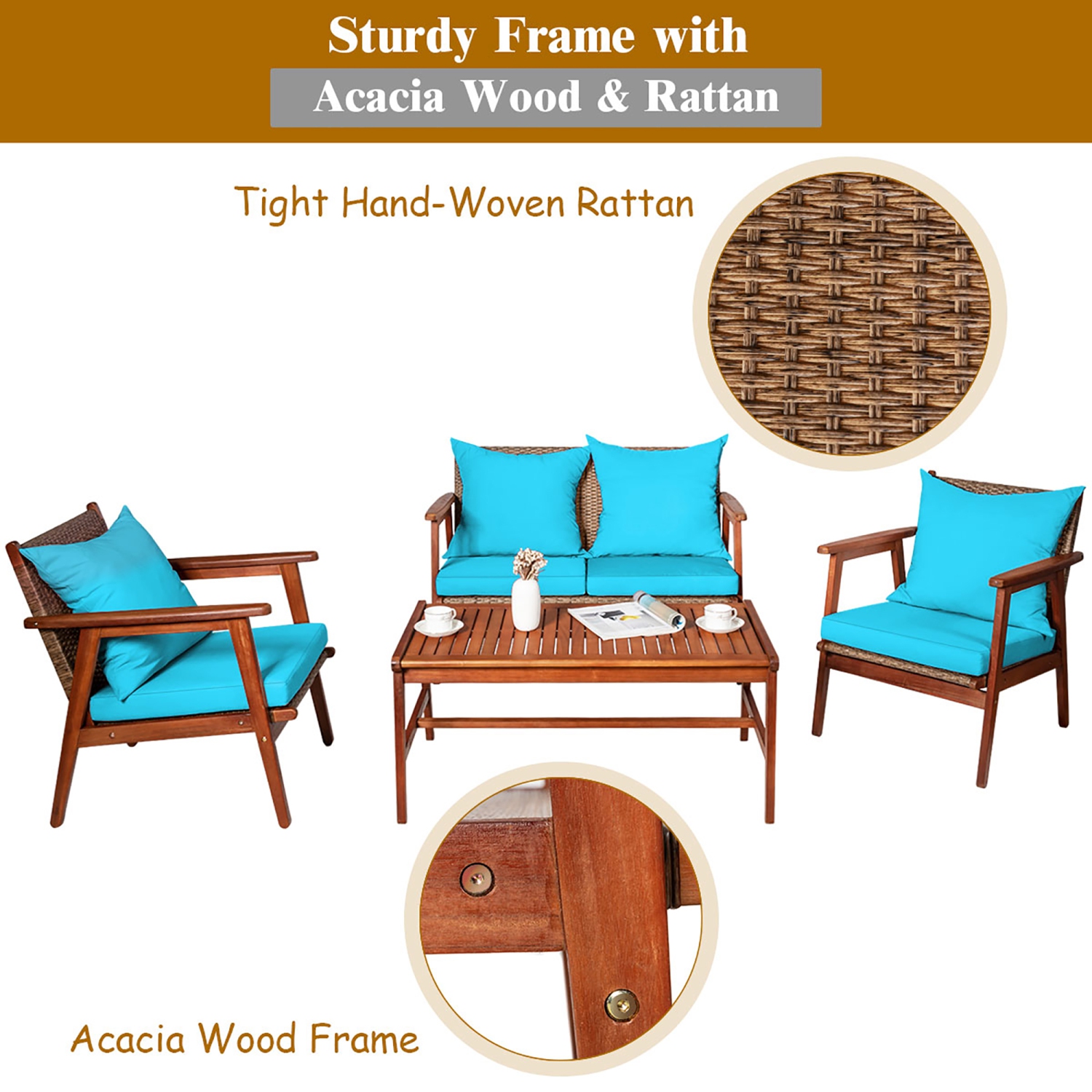 Costway 4PCS Patio Rattan Furniture Set Acacia Wood Frame Cushioned Sofa Chair