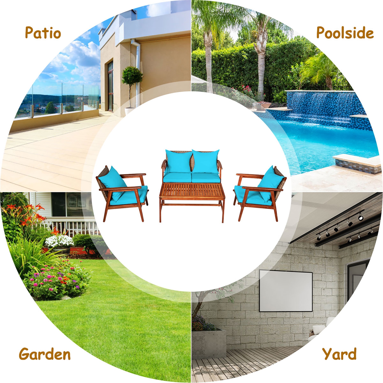 Costway 4PCS Patio Rattan Furniture Set Acacia Wood Frame Cushioned Sofa Chair