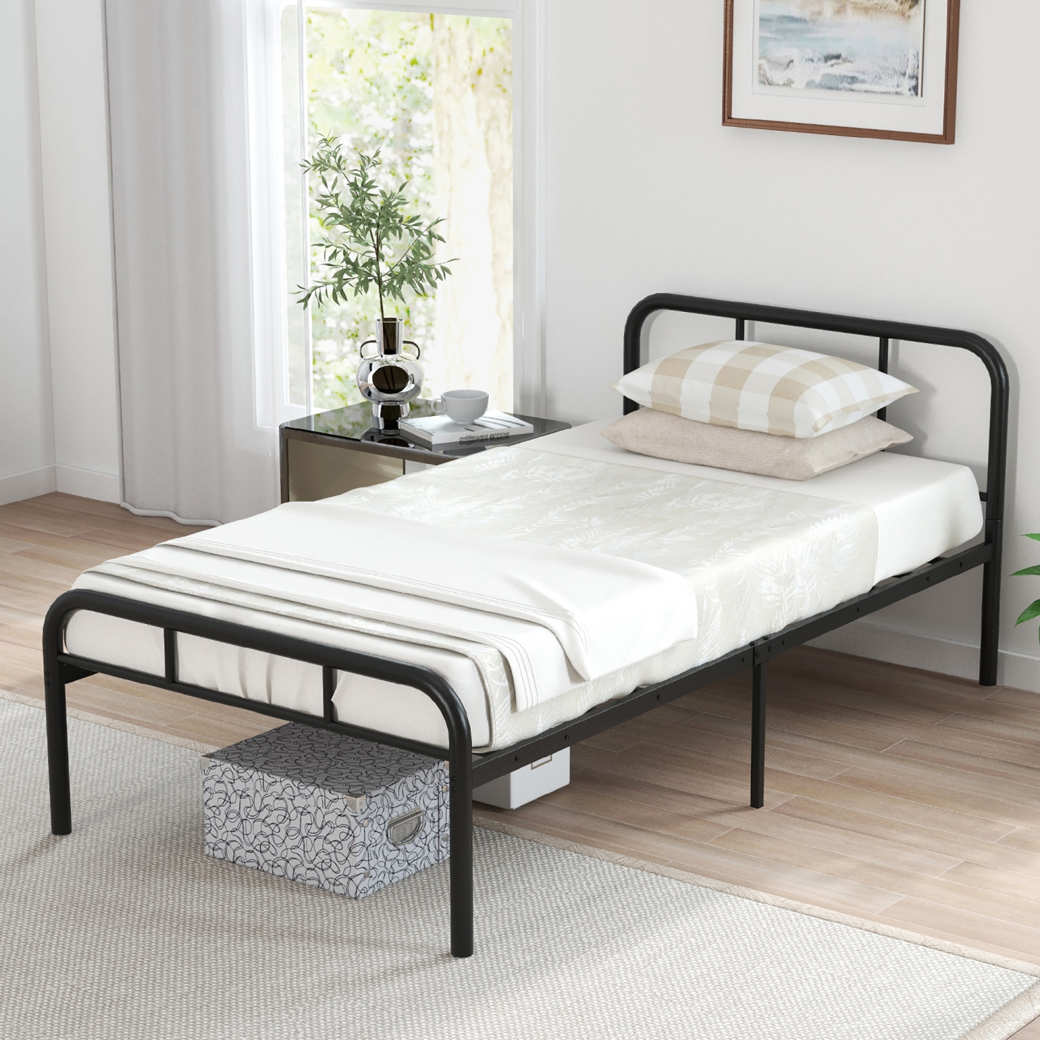Cadre de lit simple en métal grande largeur de marque Gymax Base de matelas robuste sous le rangement du lit