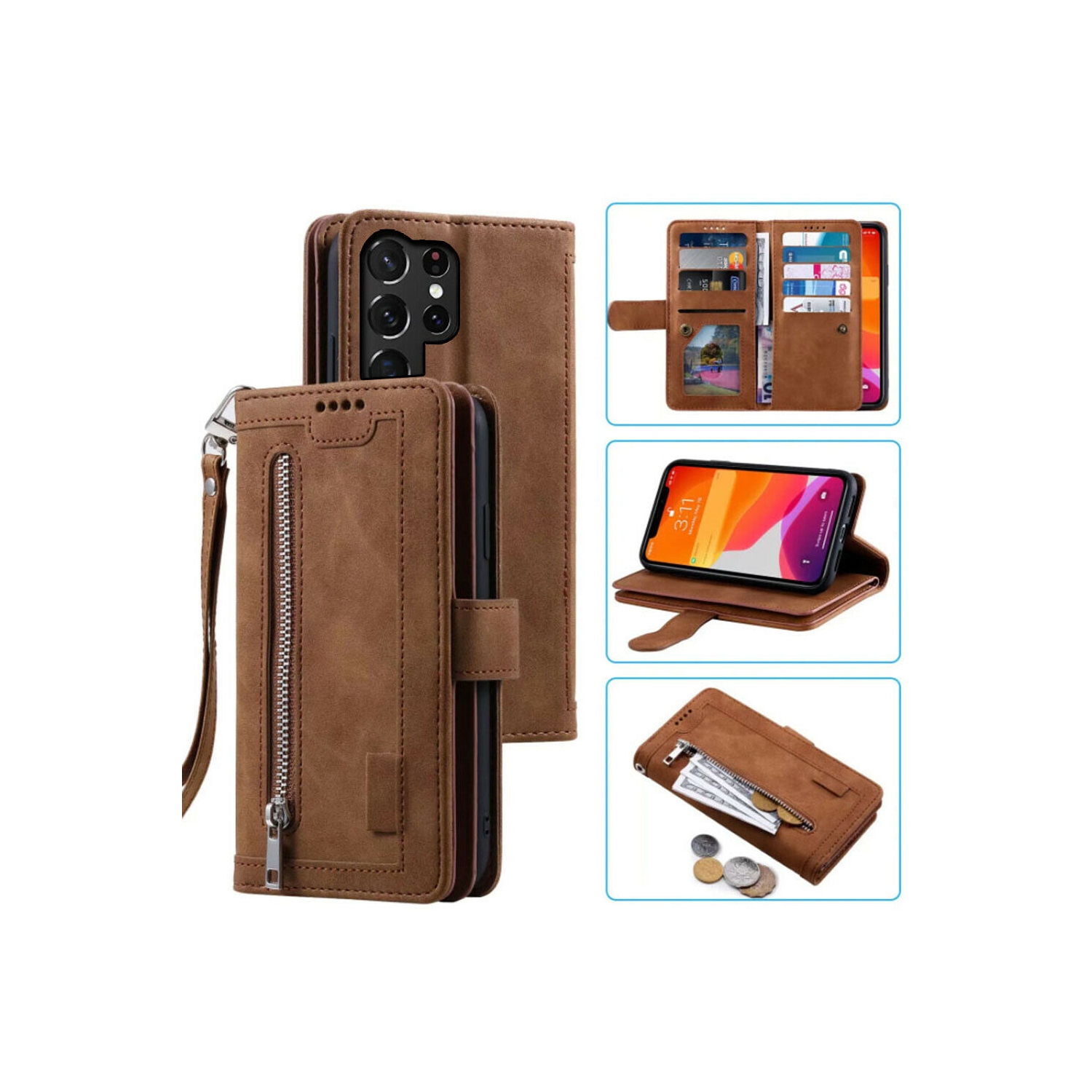 WillCase Étui portefeuille en cuir Fermeture magnétique Étui à rabat en TPU résistant aux chocs Fermeture Éclair avec emplacements pour cartes pour