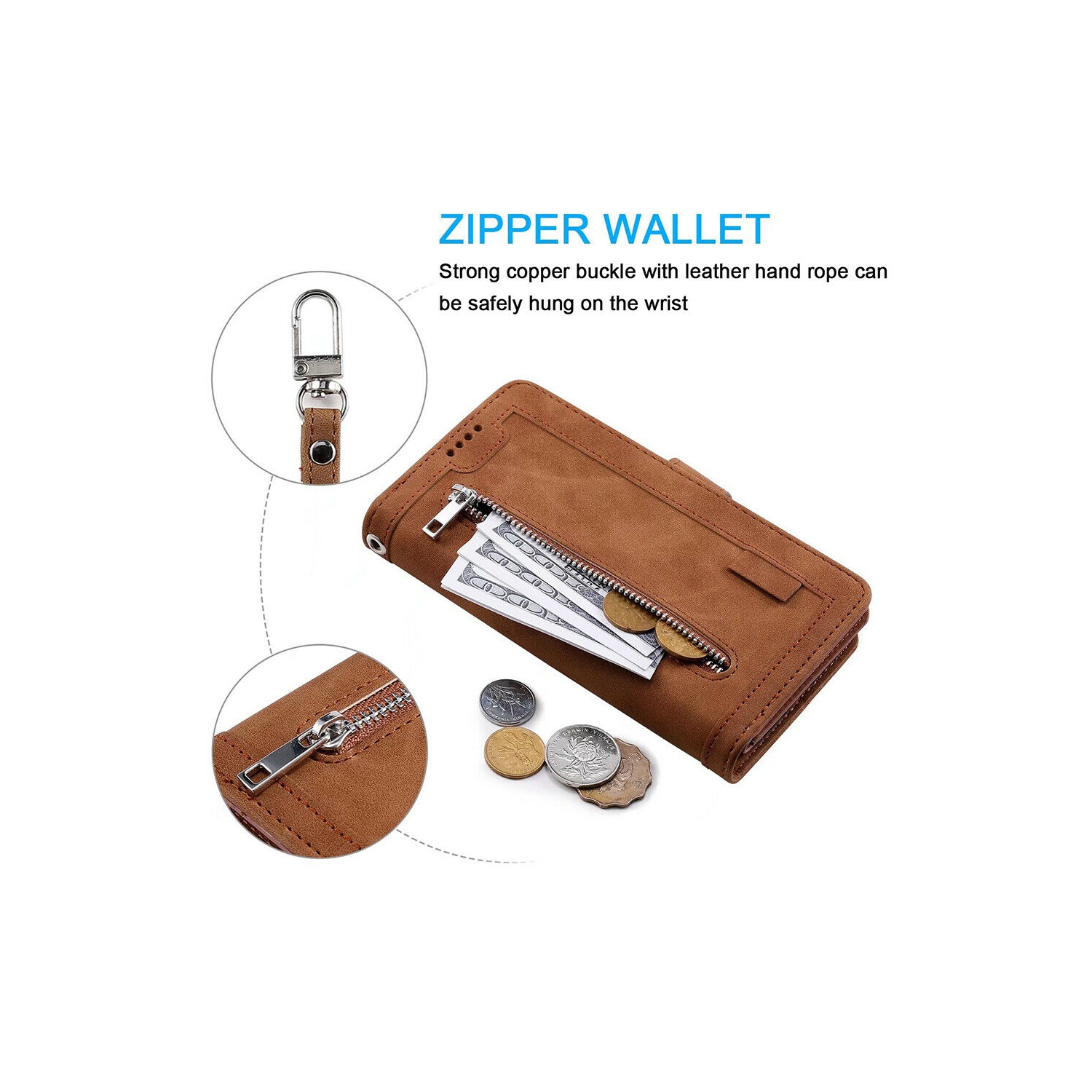 WillCase Étui portefeuille en cuir Fermeture magnétique Étui à rabat en TPU résistant aux chocs Fermeture Éclair avec emplacements pour cartes pour