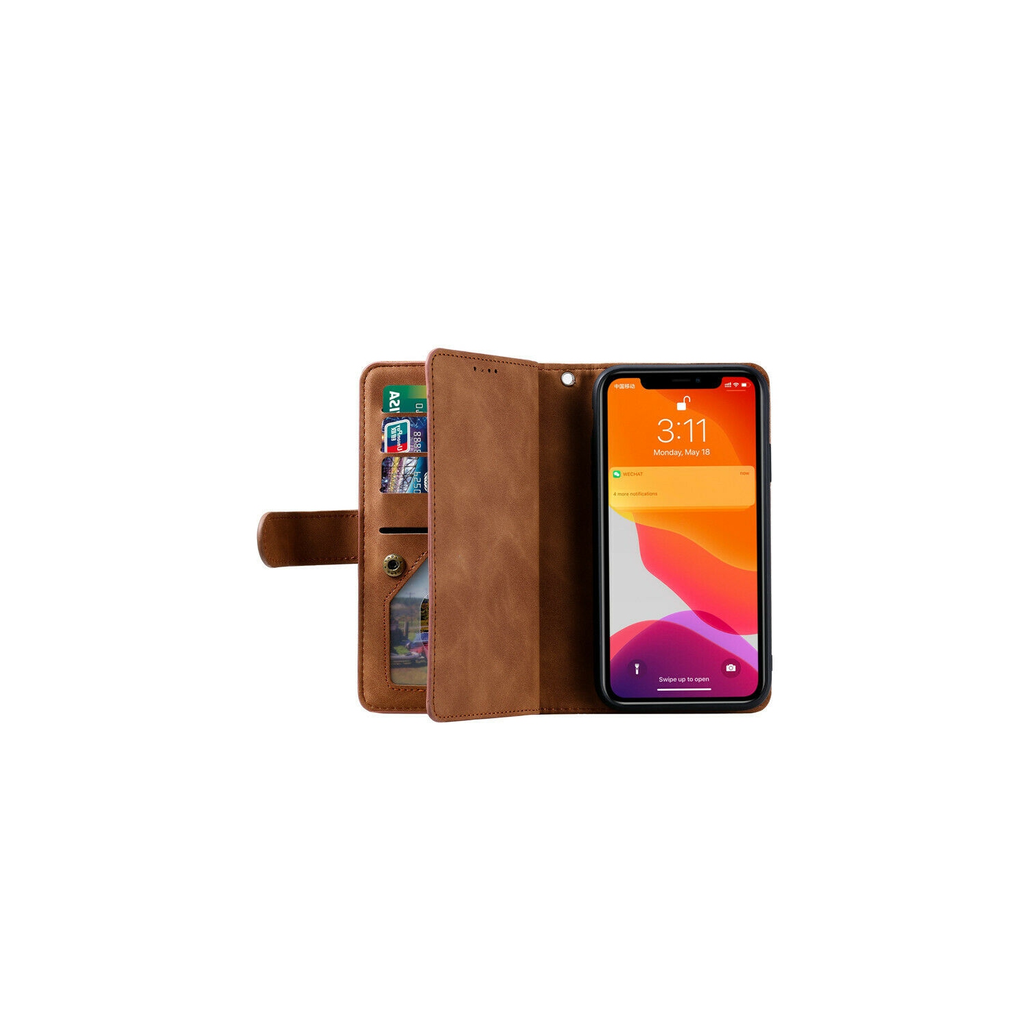 WillCase Étui portefeuille en cuir Fermeture magnétique Étui à rabat en TPU résistant aux chocs Fermeture Éclair avec emplacements pour cartes pour