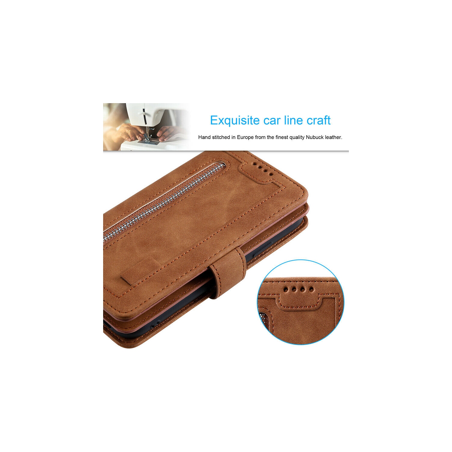 WillCase Étui portefeuille en cuir Fermeture magnétique Étui à rabat en TPU résistant aux chocs Fermeture Éclair avec emplacements pour cartes pour