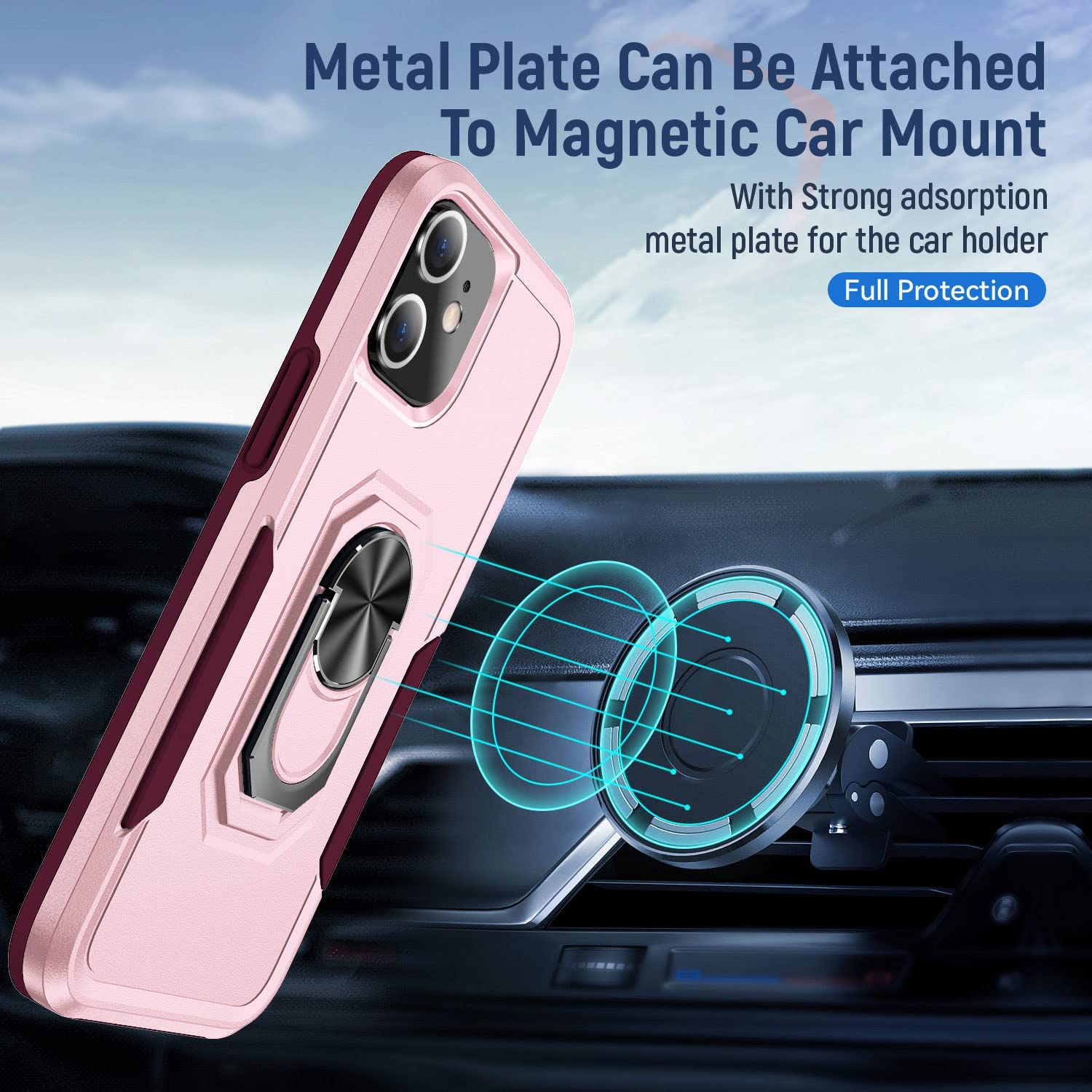 【CSmart】 Shockproof Heavy Duty Magnetic Hard Armor Kickstand Case with Ring Holder for iPhone 11, Pink