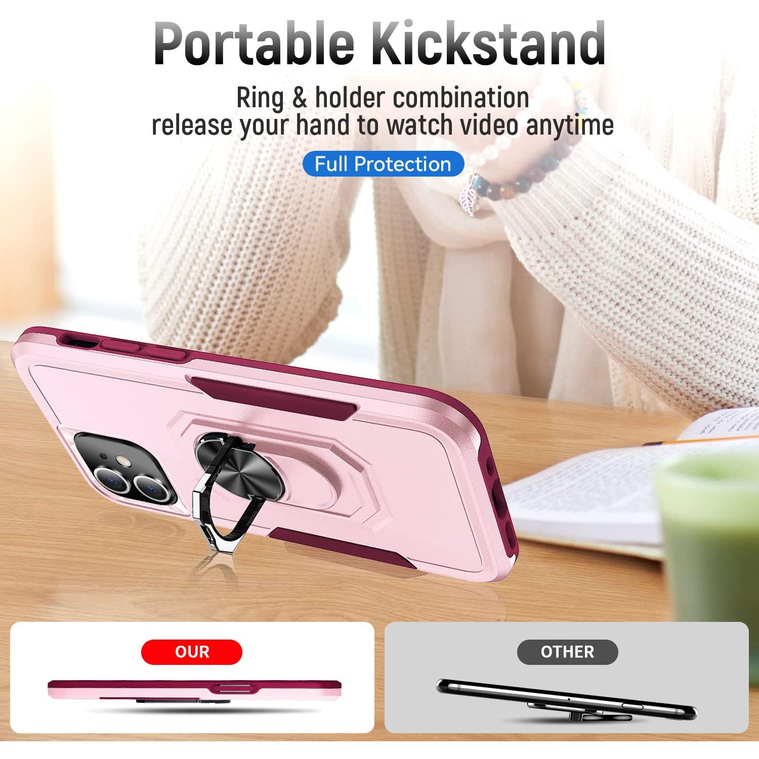 【CSmart】 Shockproof Heavy Duty Magnetic Hard Armor Kickstand Case with Ring Holder for iPhone 11, Pink