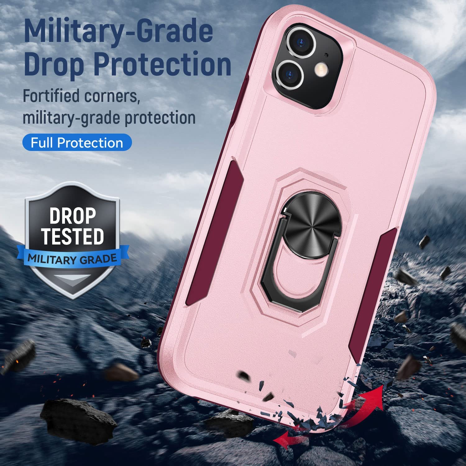 【CSmart】 Shockproof Heavy Duty Magnetic Hard Armor Kickstand Case with Ring Holder for iPhone 11, Pink