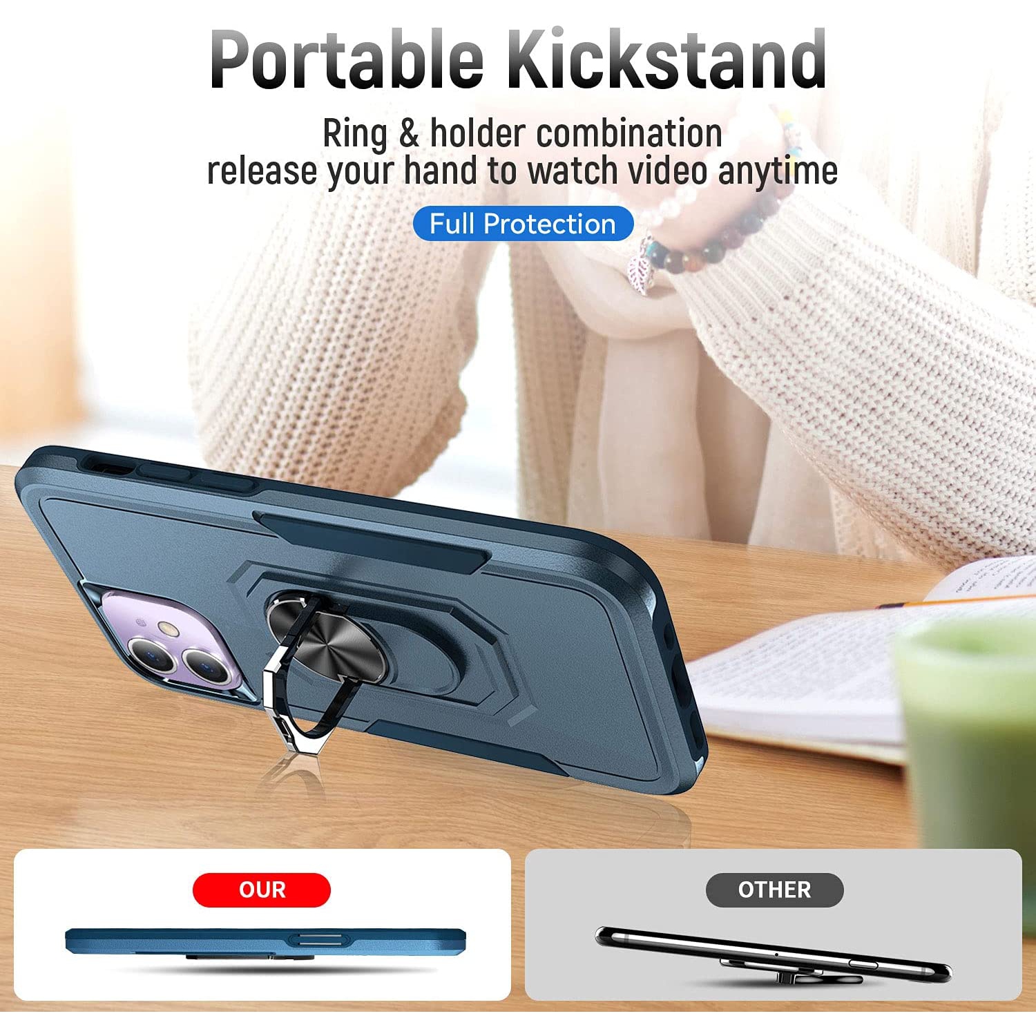 【CSmart】 Étui de béquille magnétique résistant aux chocs avec support de bague pour iPhone 11, Marine