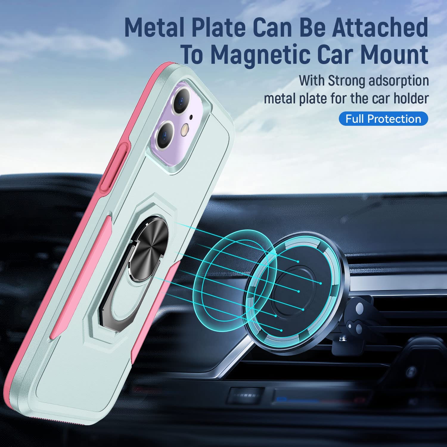 【CSmart】 Étui de béquille magnétique résistant aux chocs avec support de bague pour iPhone 11, menthe