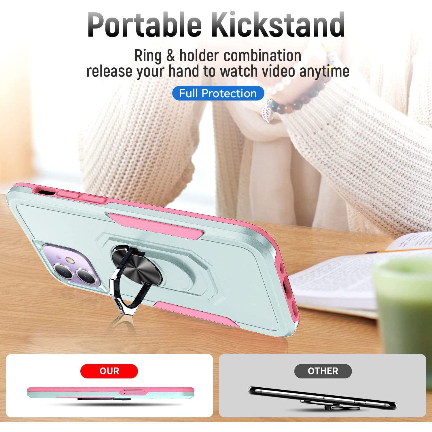 【CSmart】 Étui de béquille magnétique résistant aux chocs avec support de bague pour iPhone 11, menthe