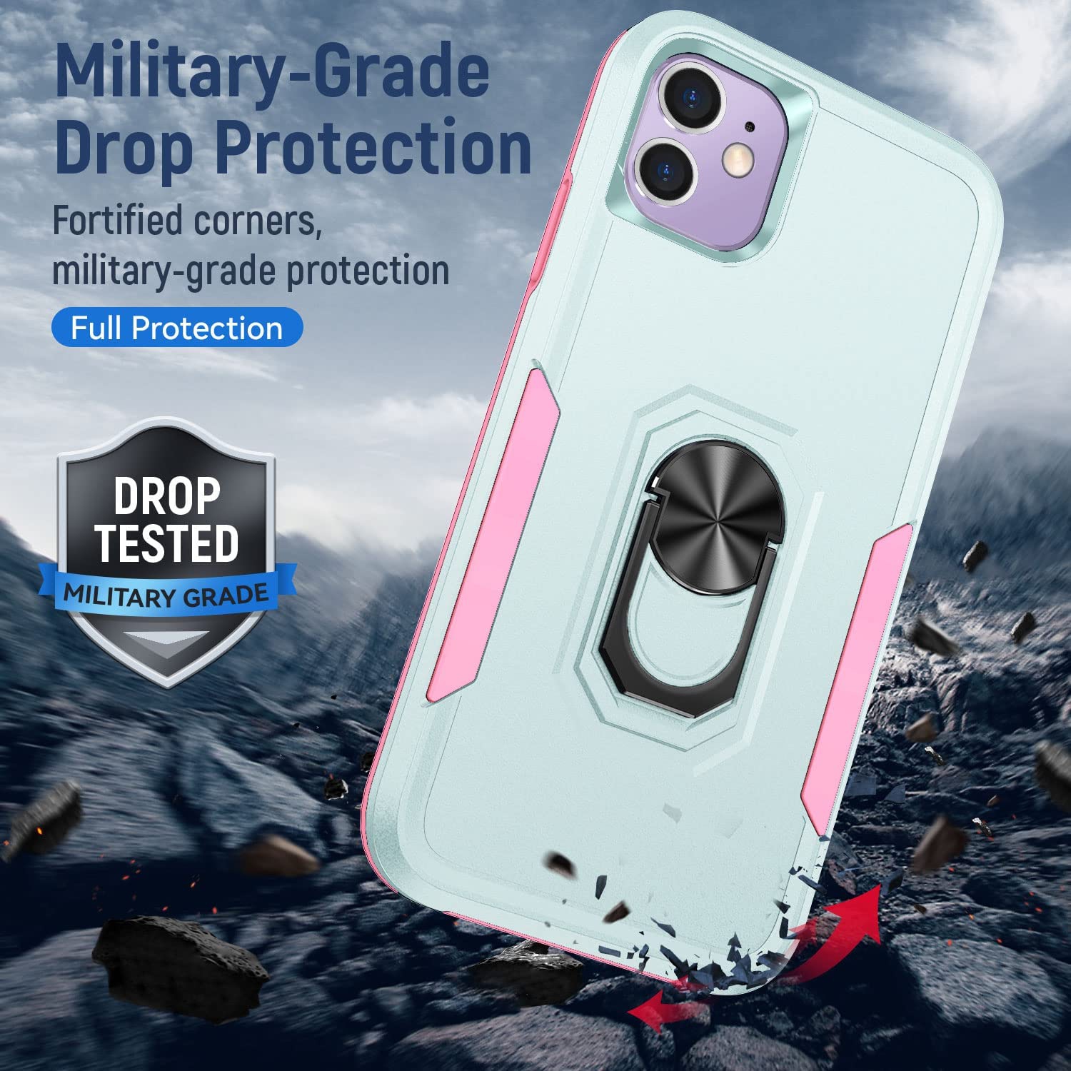 【CSmart】 Étui de béquille magnétique résistant aux chocs avec support de bague pour iPhone 11, menthe