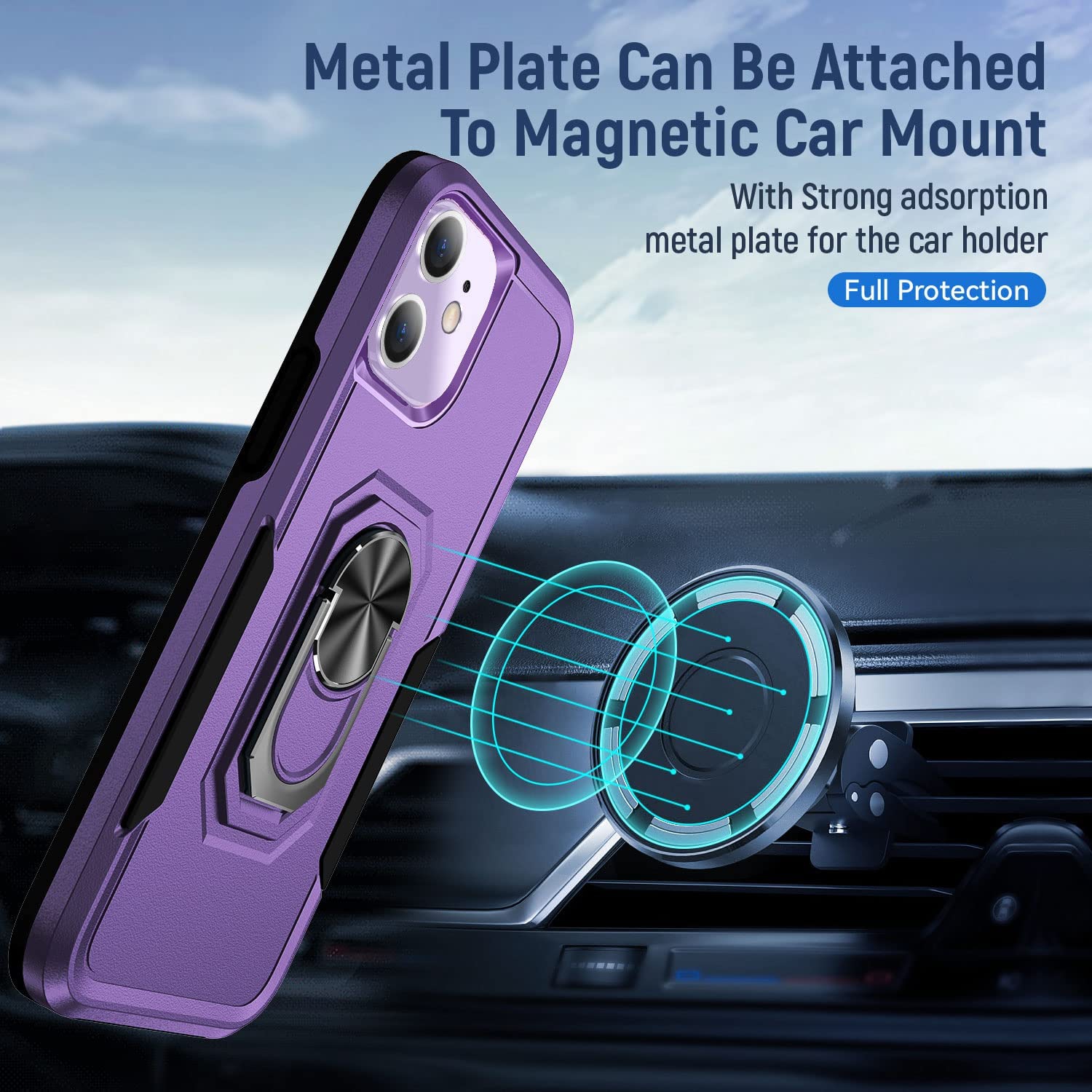 【CSmart】 Shockproof Heavy Duty Magnetic Hard Armor Kickstand Case with Ring Holder for iPhone 11, Purple