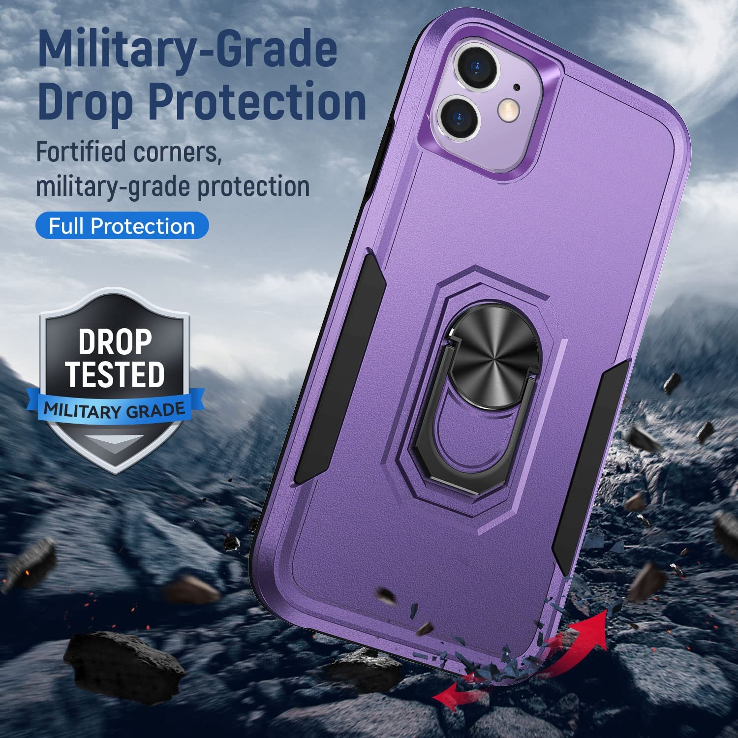 【CSmart】 Shockproof Heavy Duty Magnetic Hard Armor Kickstand Case with Ring Holder for iPhone 11, Purple