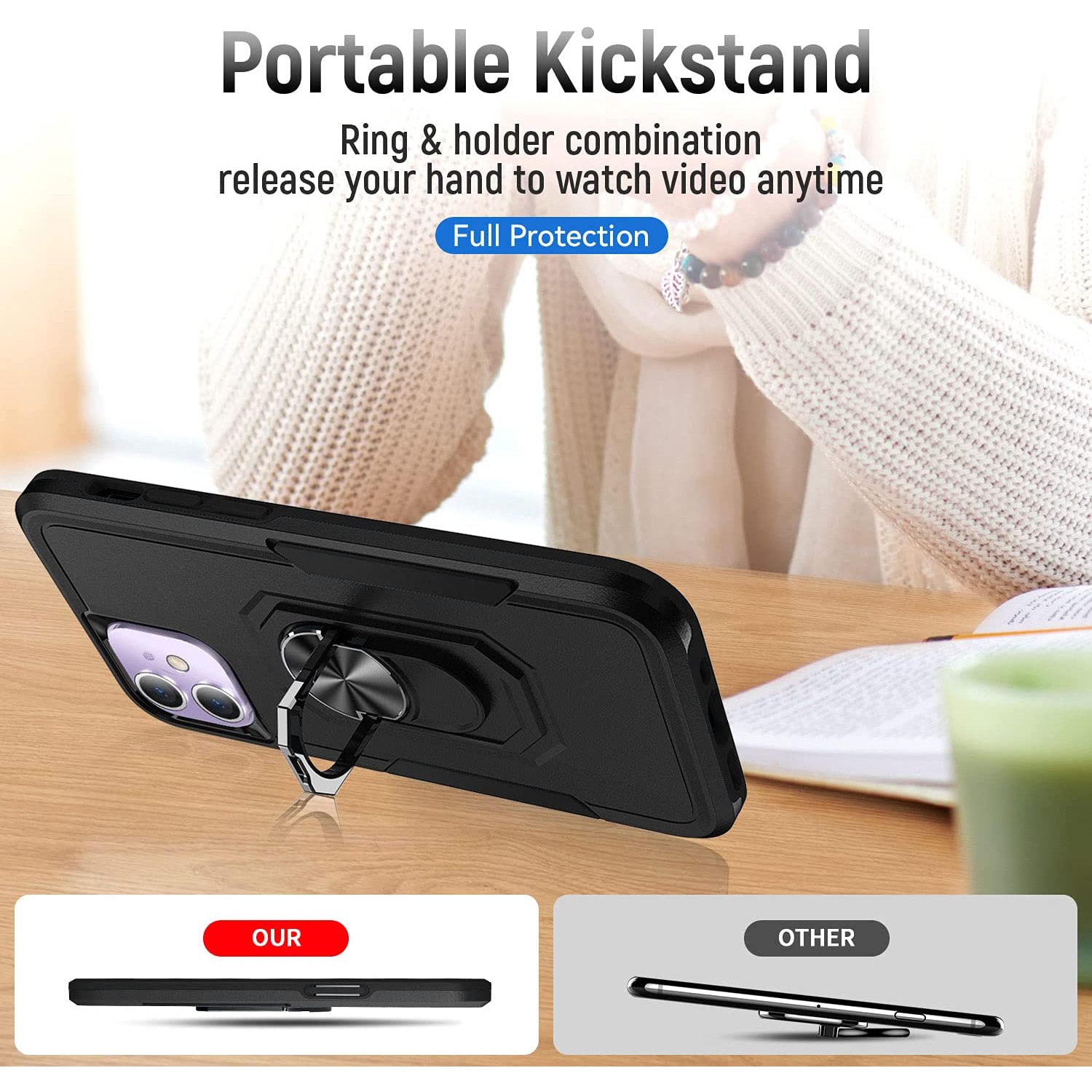 【CSmart】 Étui de béquille magnétique résistant aux chocs avec support de bague pour iPhone 11, Le noir