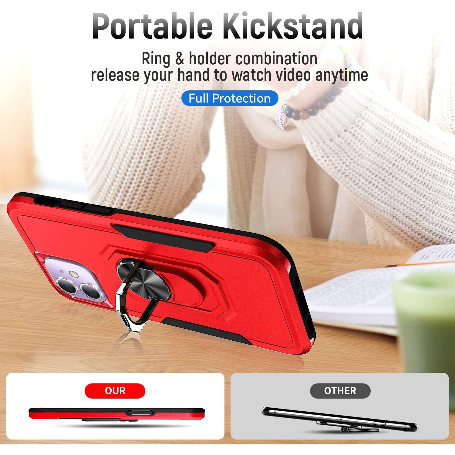 【CSmart】 Étui de béquille magnétique résistant aux chocs avec support de bague pour iPhone 11, Rouge