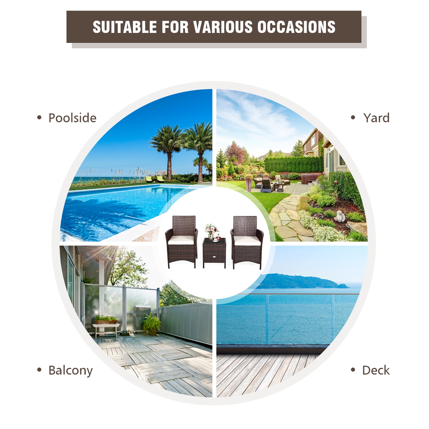 Marque Costway, Ensemble de meubles de patio ou terrasse, 3 pièces en rotin 2 chaises avec coussins Dessus de Table en verre Rouge