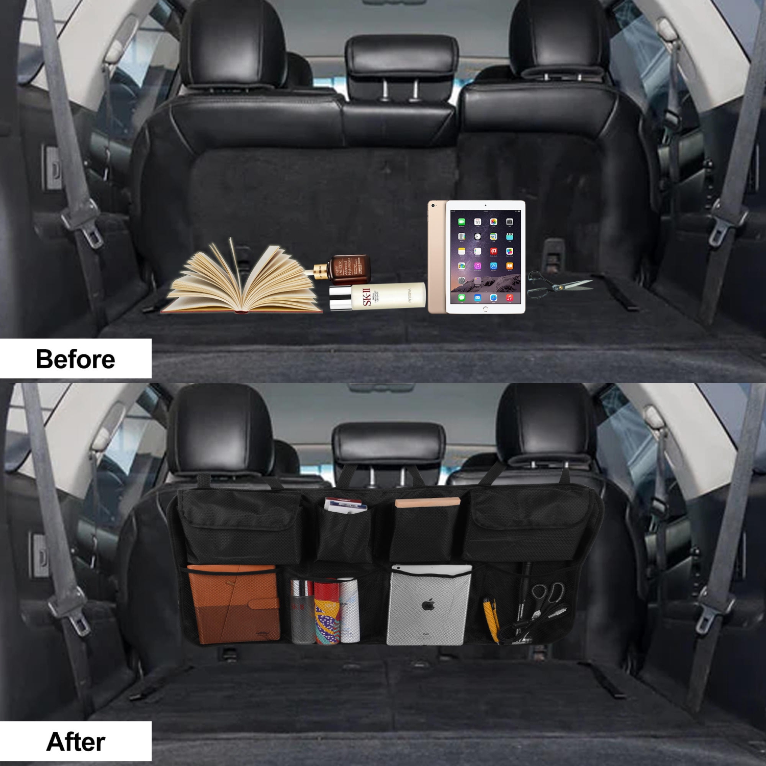 Super Capacity Car Trunk Space Saving Car Hanging Organizer with Stick Stripes with 8 storage bag- LIVINGbasics®